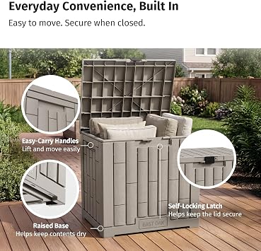 EAST OAK Outdoor Storage Box, 31 Gallon Deck Box, Waterproof Resin Storage Bin for Patio Cushions, Gardening Tools, Accessories, Lockable, UV Resistant, Brown