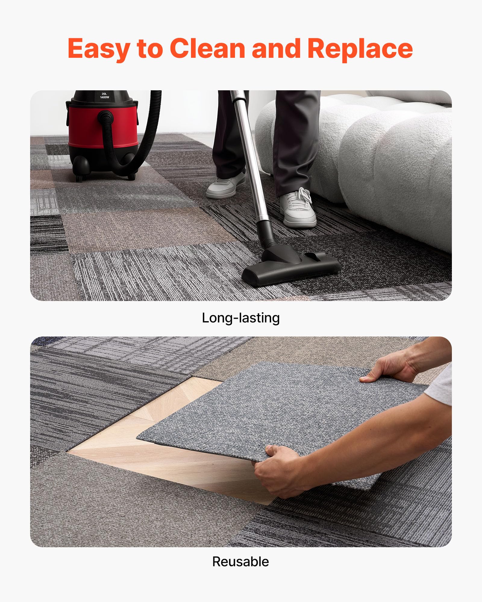 VEVOR Teppichfliesen 500 x 500 x 6 mm, 24er-Pack, selbstklebender Teppichboden mit Fläche von 6,2 m², Teppich Bodenbelag, einfacher DIY-Austausch für Wohnzimmer und Büro, mehrfarbig