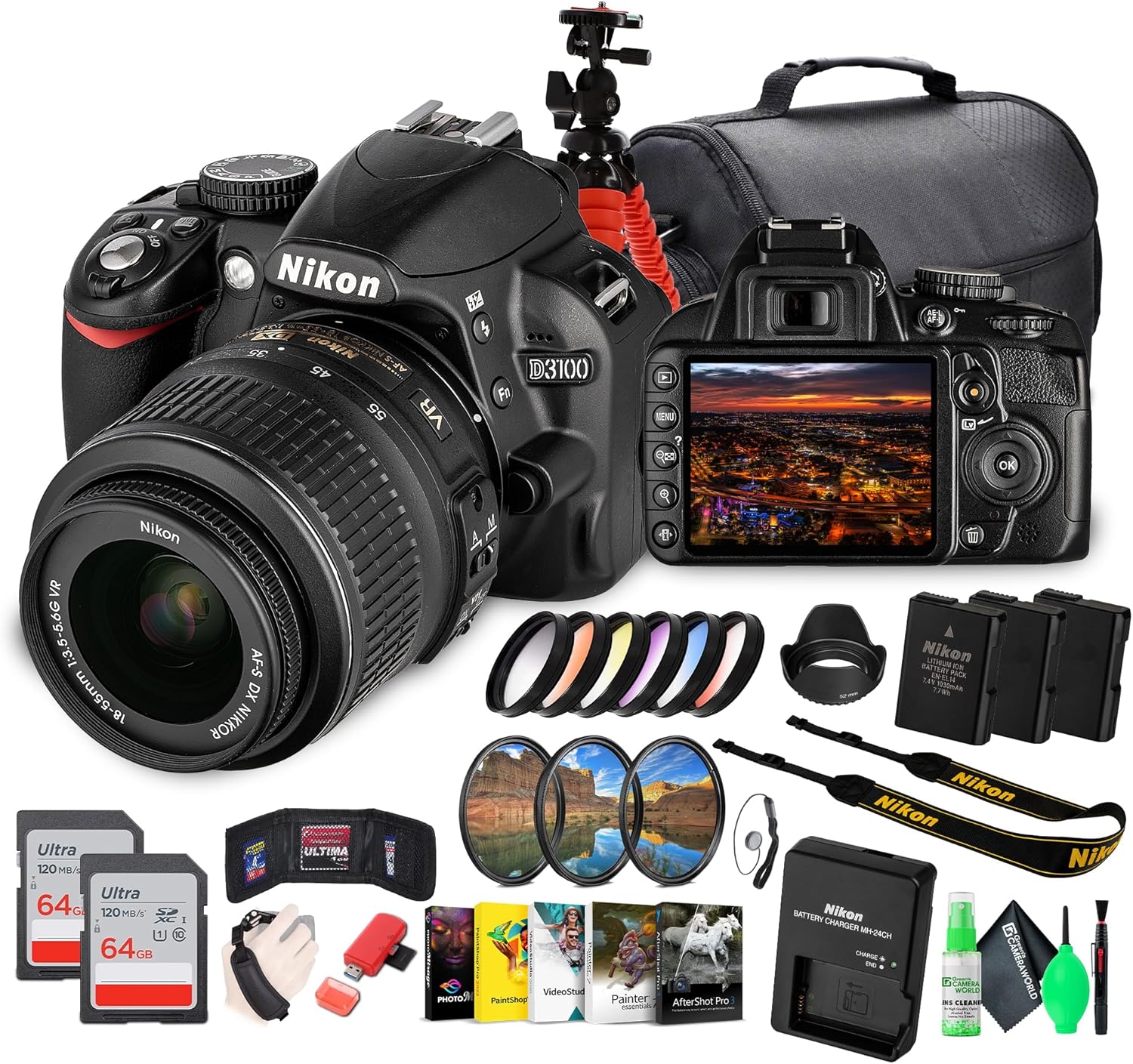 Nikon D3100 DSLR Camera Kit with 18-55mm VR Lens – Beginner-Friendly & Compact (25472) + Photography Software + 2 x + Camera Bag + 2 x 64GB Memory Card + Flexible Tripod + Cleaning Kit + More