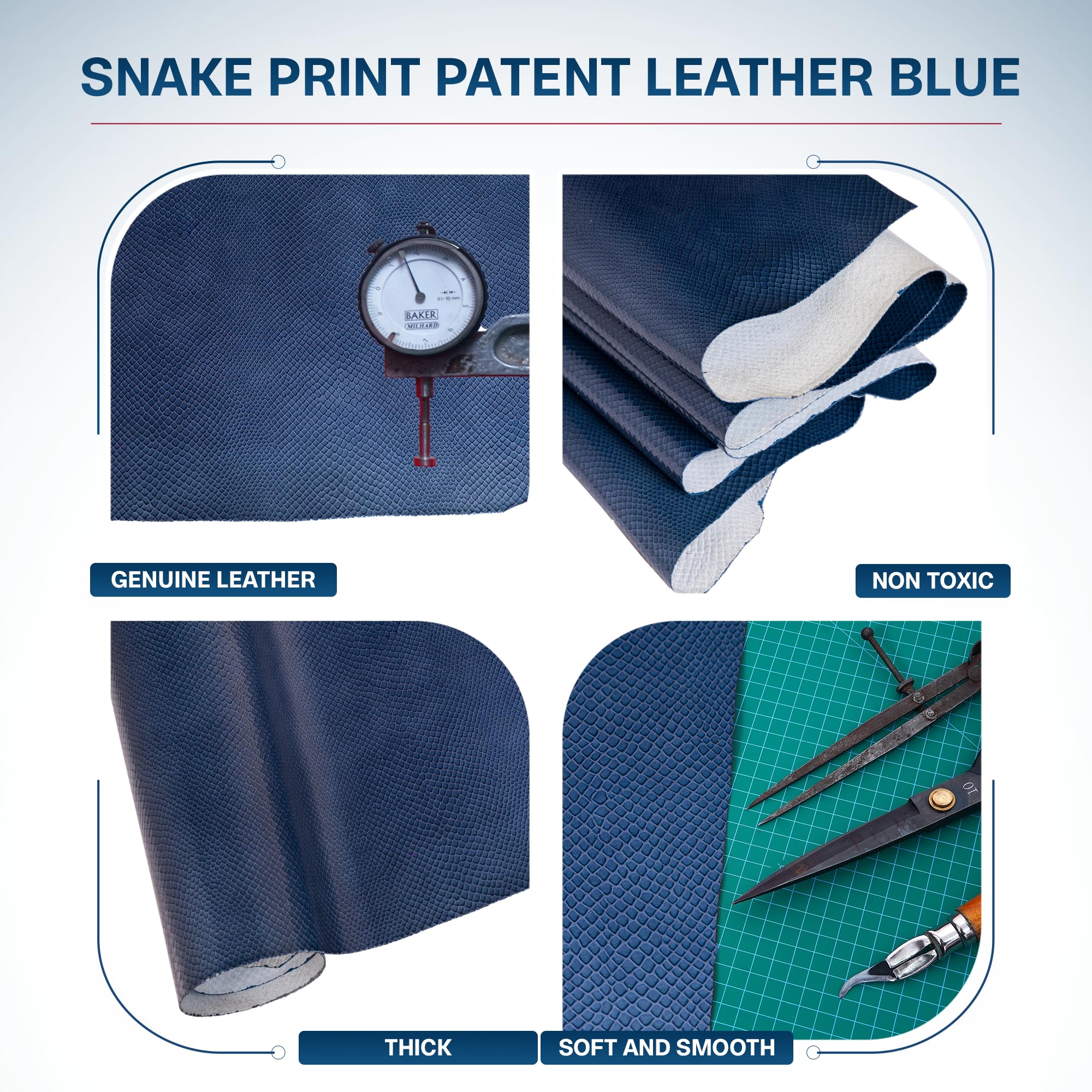 Chandair Snake Print Cowhide Glossy Patent Leather Sheet (1.1-1.3mm), Set for Crafting and Sewing Hobby, Suitable for Leather Earrings, Bows, and Handbags etc, Blue 2