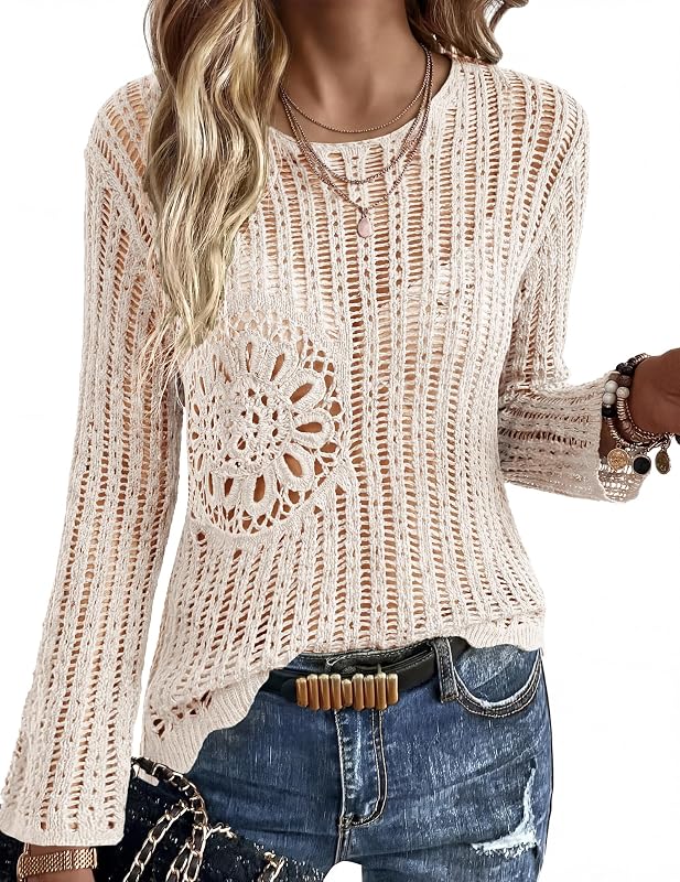 Womens Crochet Top Cover up Hollow Out Floral Beach Cover ups 2026 Summer Sweater Vacation Cruise Outfits S-2XL