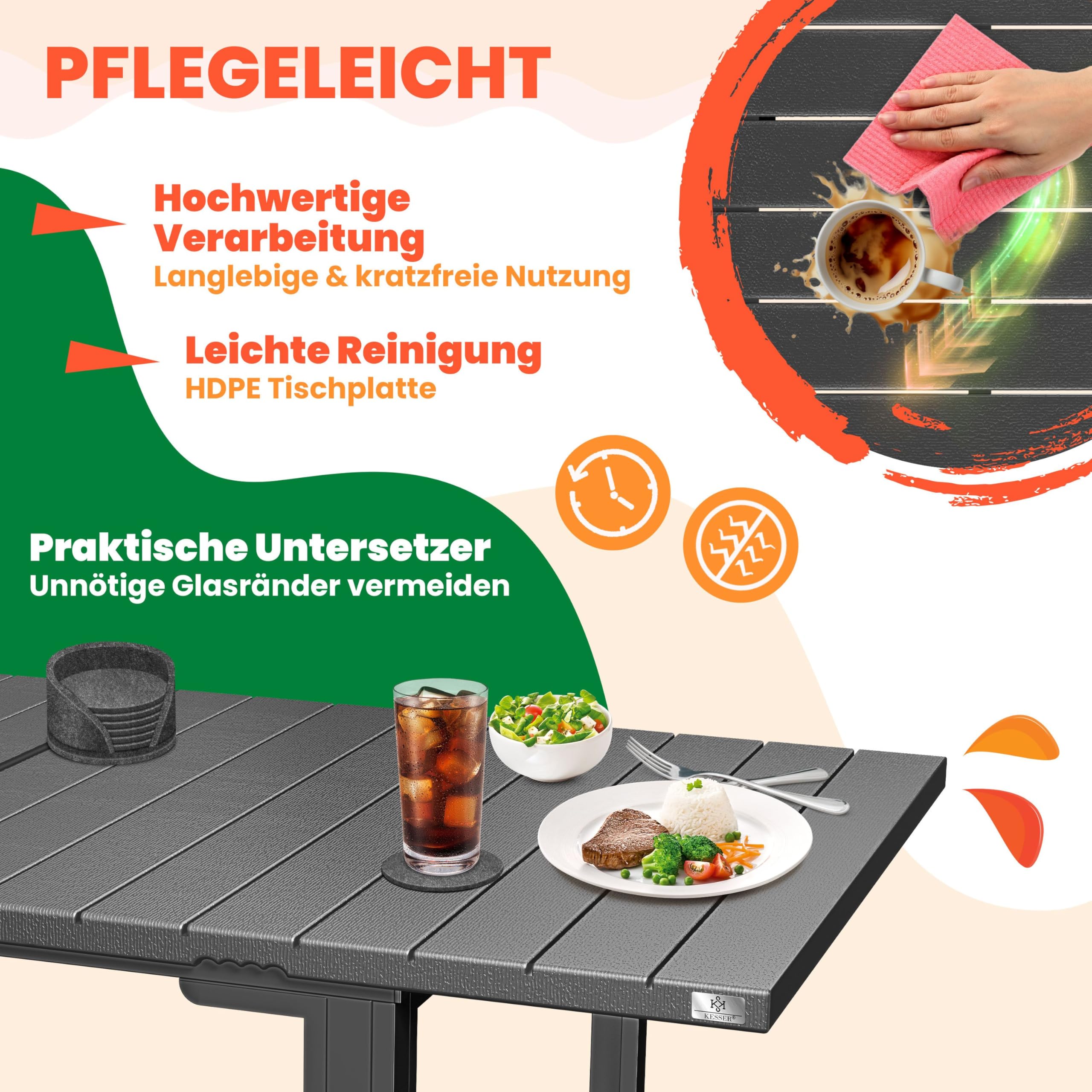 KESSER® Gartentisch ausziehbar Esstisch 180/240x90cm erweiterbar bis 8 Personen Ausziehtisch mit pulverbeschichtetem Stahl-Gestell & HDPE Tischplatte Wetterfest & UV-Beständig inkl. 6 Filz-Untersetzer
