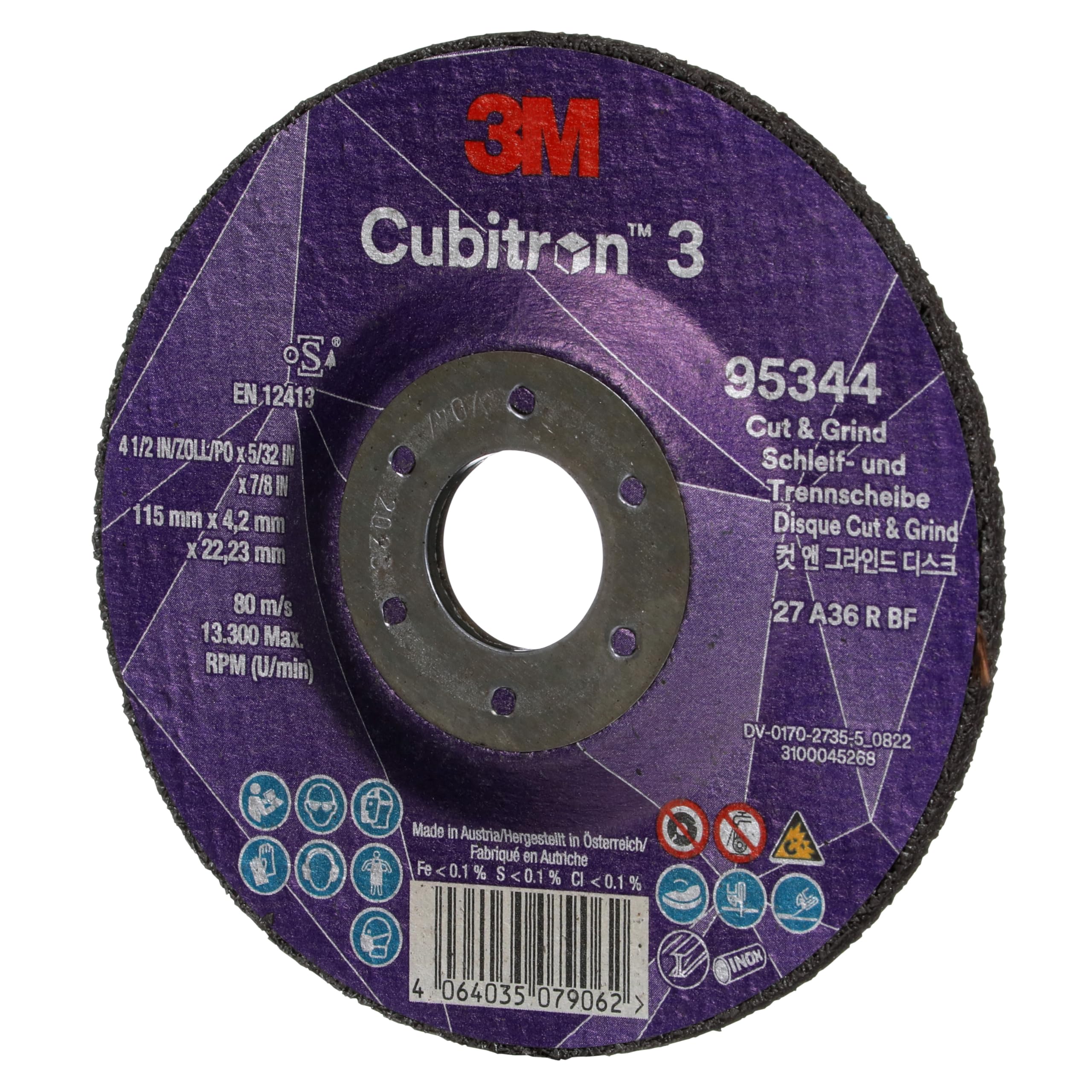 3M Cubitron 3 Disco de Corte y Desbaste, 95344, 36+, T27, EN | 115 mm x 4.2 mm x 22.23 mm, Paquete de 10 Unidades