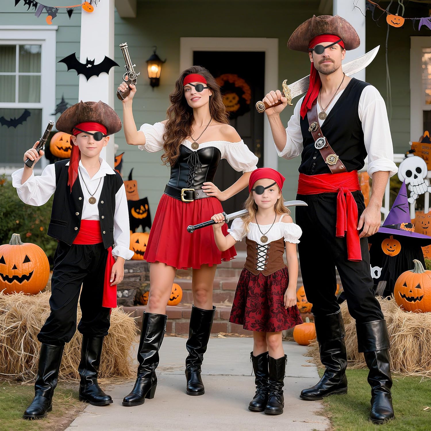 5PCS Pirate Costume Accessories Set for Men Halloween Pirate Hat Faux Leather Tricorn Hat, Bandana, Sash, Eye Patch, Necklace Medieval Renaissance Accessories for Pirate Cosplay Party - Image 3