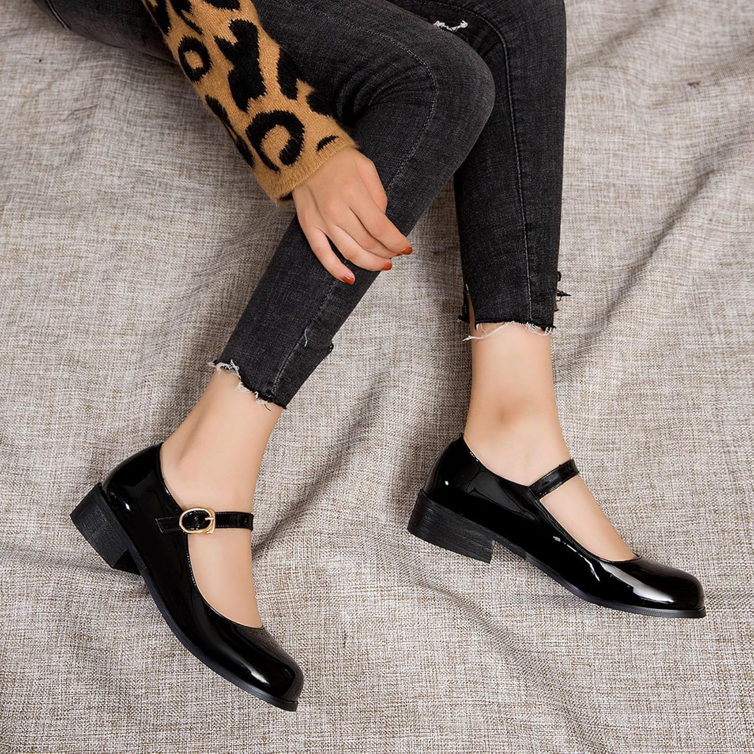 Bellirala Womens Patent Mary Jane Flats Closed Toe Comfortable Shoes