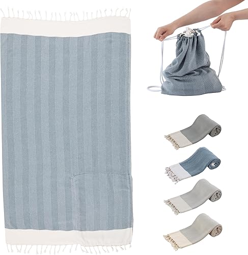 Miniatura 1 de Citrine Toalla de playa turca, toalla de hammam 100% algodón con bolsa de cordón, toallas de baño peshtemal ligeras con borlas, toalla de baño de