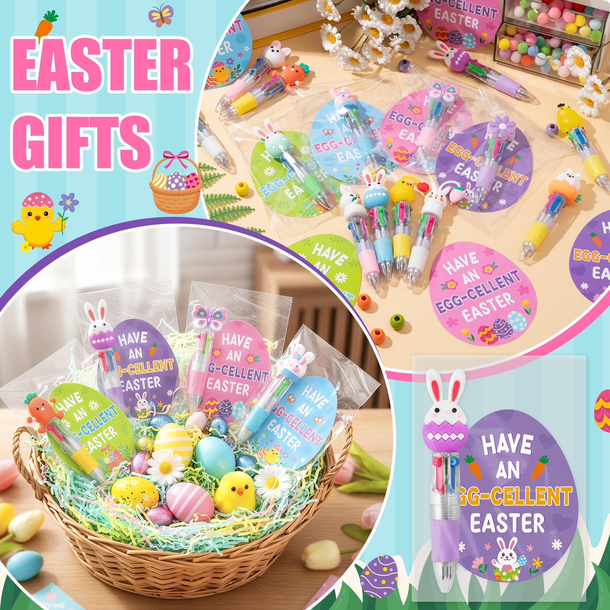 ANGOLIO 84PCS Easter Gifts Bulk Cartoon 4 in 1 Multicolor Ballpoint Pens with Greeting Cards for Easter Party Favors Basket Stuffers Goodie Bag Filler School Supplies Students Rewards Classroom Gifts