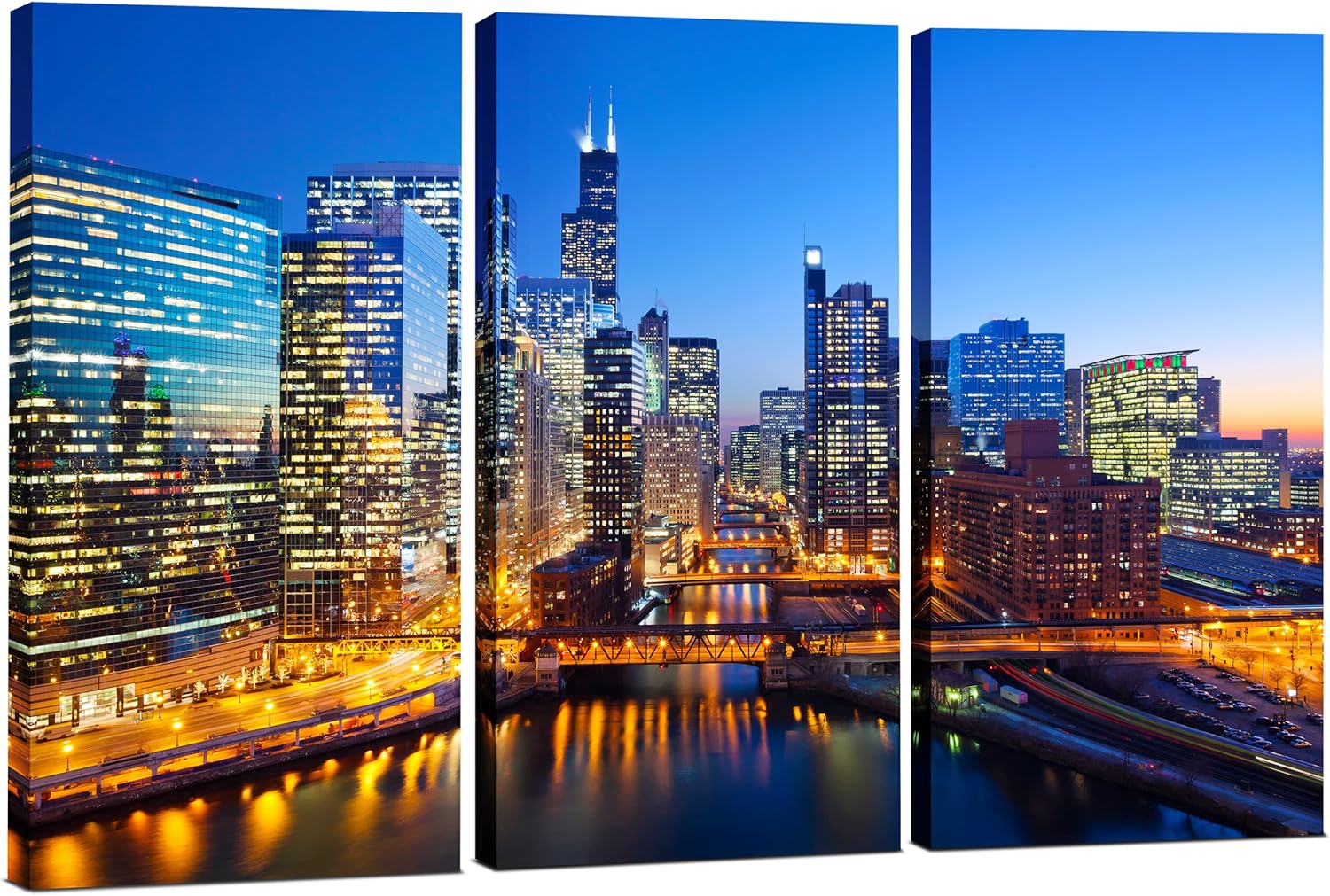 Chicago Wall Art Decor - Chicago Skyline Canvas Art Picture - Modern, 3 Piece Panoramic Downtown City Print Photo - Three Panel Framed Artwork Poster for Living Room, Bedroom, Office & Home Decor Gift