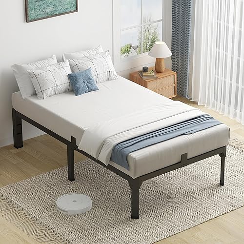 Miniatura 3 de Base de cama de metal individual XL de 14 pulgadas con tapón deslizante de colchón, plataforma de listones de acero antichirridos de color negro,