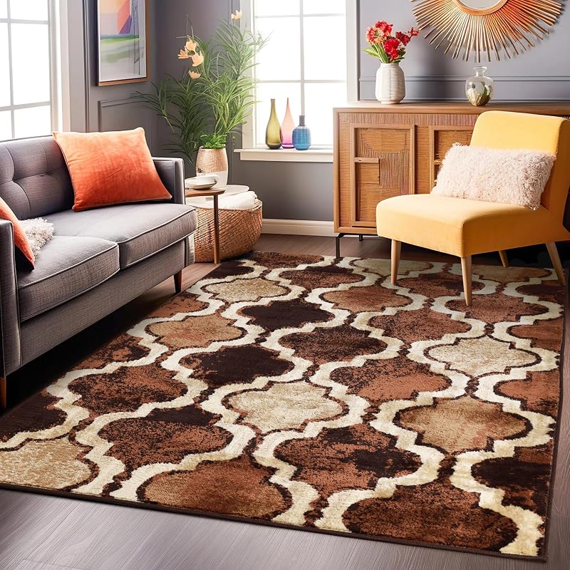 Modern Indoor Area Rug, Non Slip Rug, 6'x9', Coffee Z | Geometric Design Floor Décor, Easy Care High Traffic Areas Living Dining Room, Bedroom, Office, Entryway, Viking Collection
