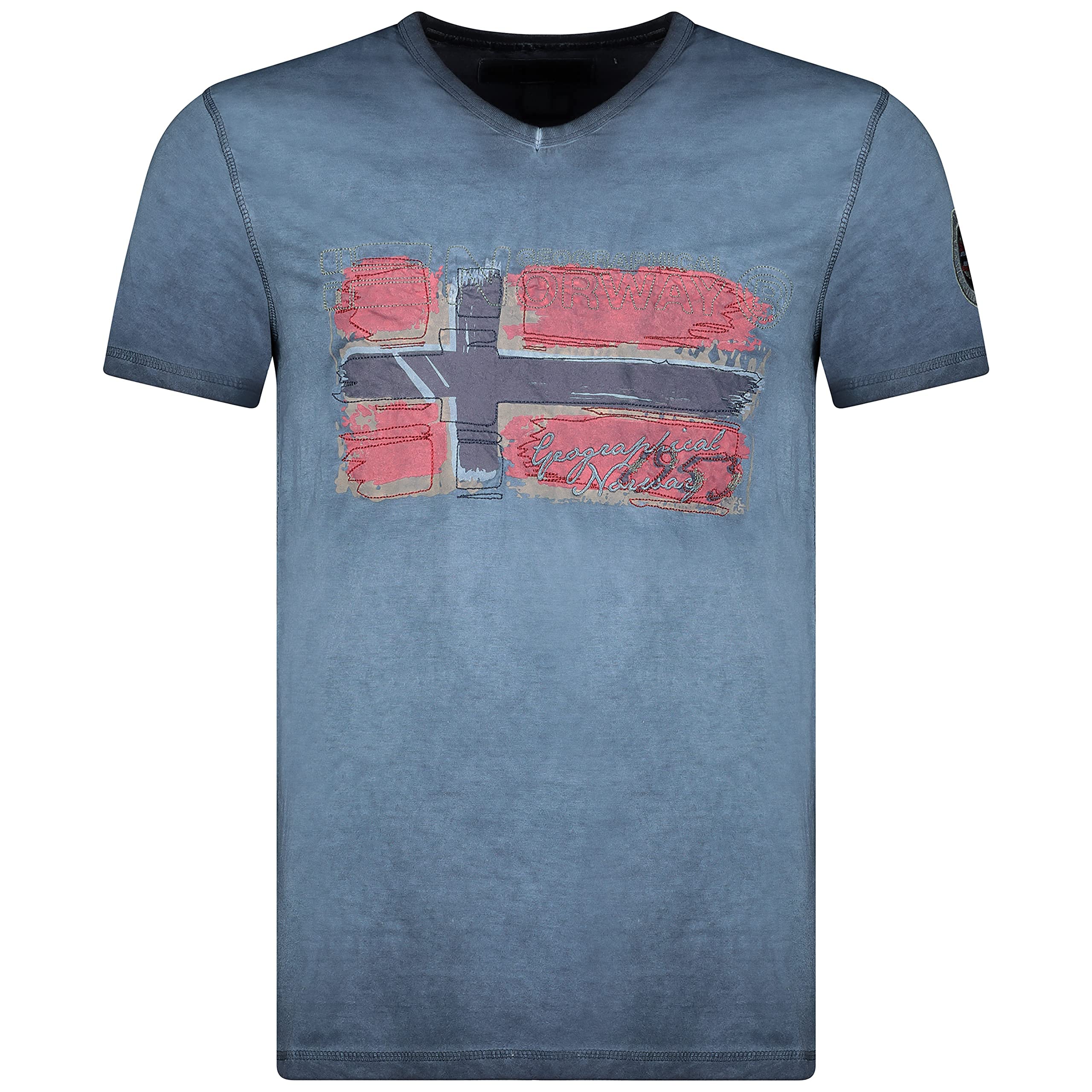 Geographical Norway JOASIS Men - Maglietta in Cotone da Uomo, Casual, con Stampa, Logo Grafico, Maniche Corte, Scollo a V, vestibilità Regolare da Uomo