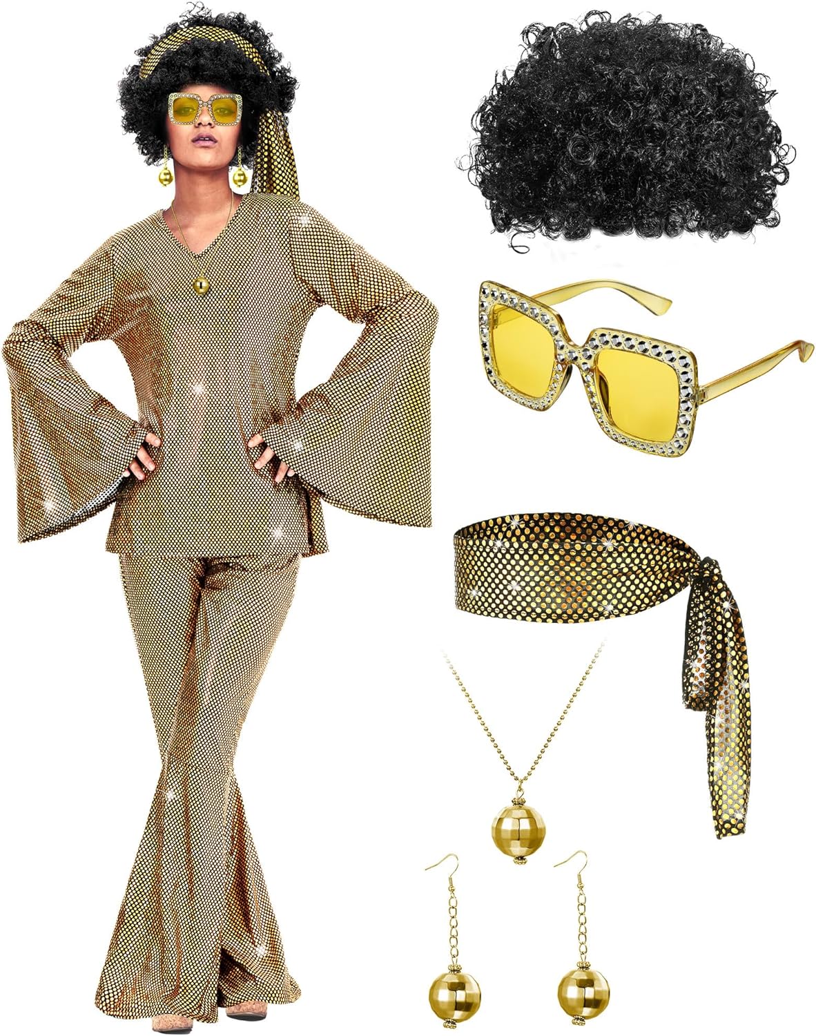 Jexine 70s Women Disco Outfit Costume Disco Party Top Pants Sunglasses Ball Necklace Earring Wig for Halloween New Year Eve