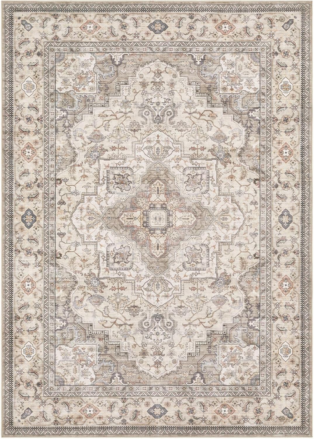 Washable Area Rugs for Living Room - 9x12 Neutral Vintage Distressed Floral Farmhouse Boho Large Soft Floor Rug Indoor Non Slip Carpet for Bedroom Dining Room Office - Brown/Multi - Image 9