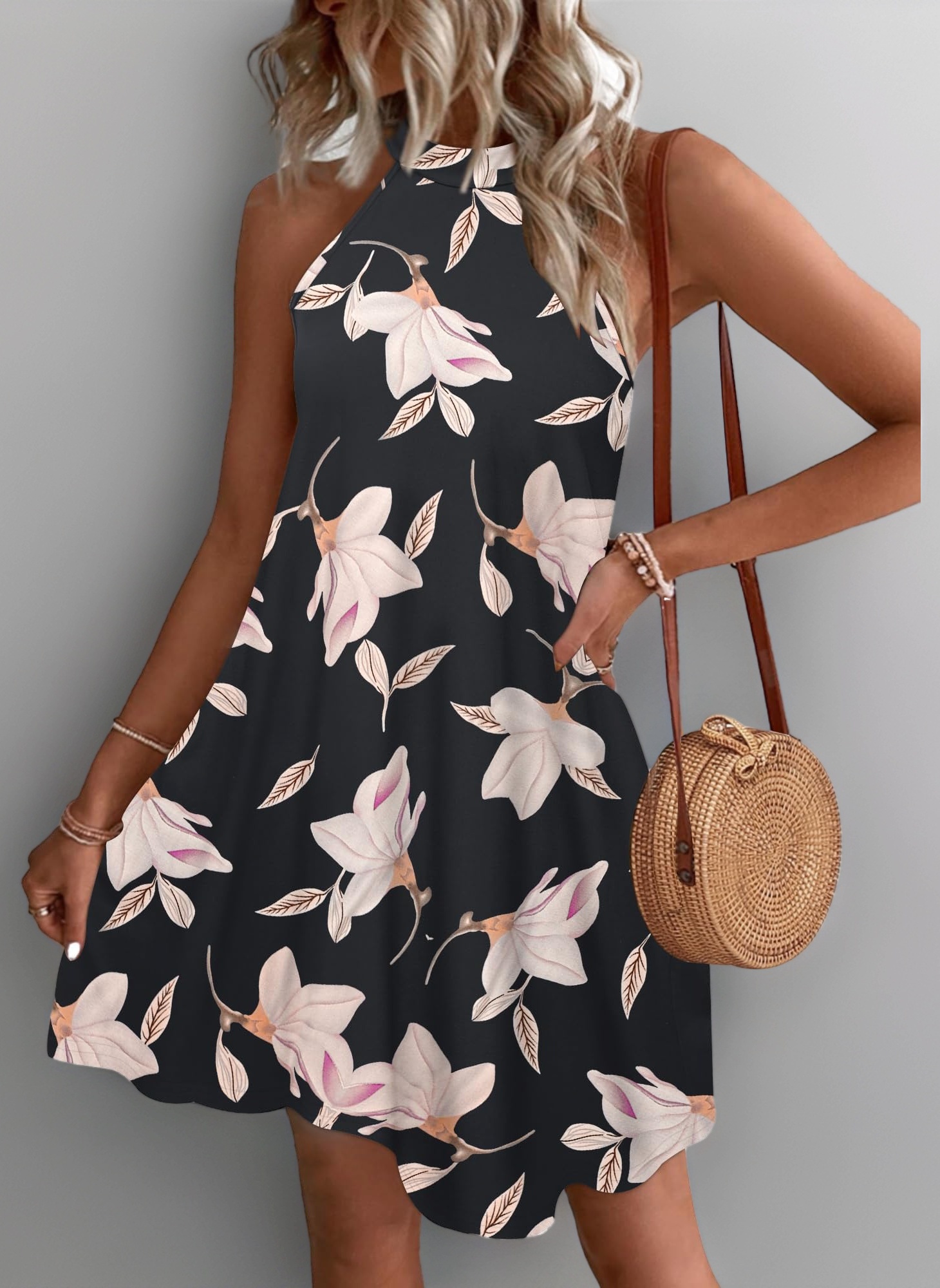 Womens Summer Dress Halter Neck Dresses Beach Cover-Ups Mini Sleeveless Sundress with Pockets