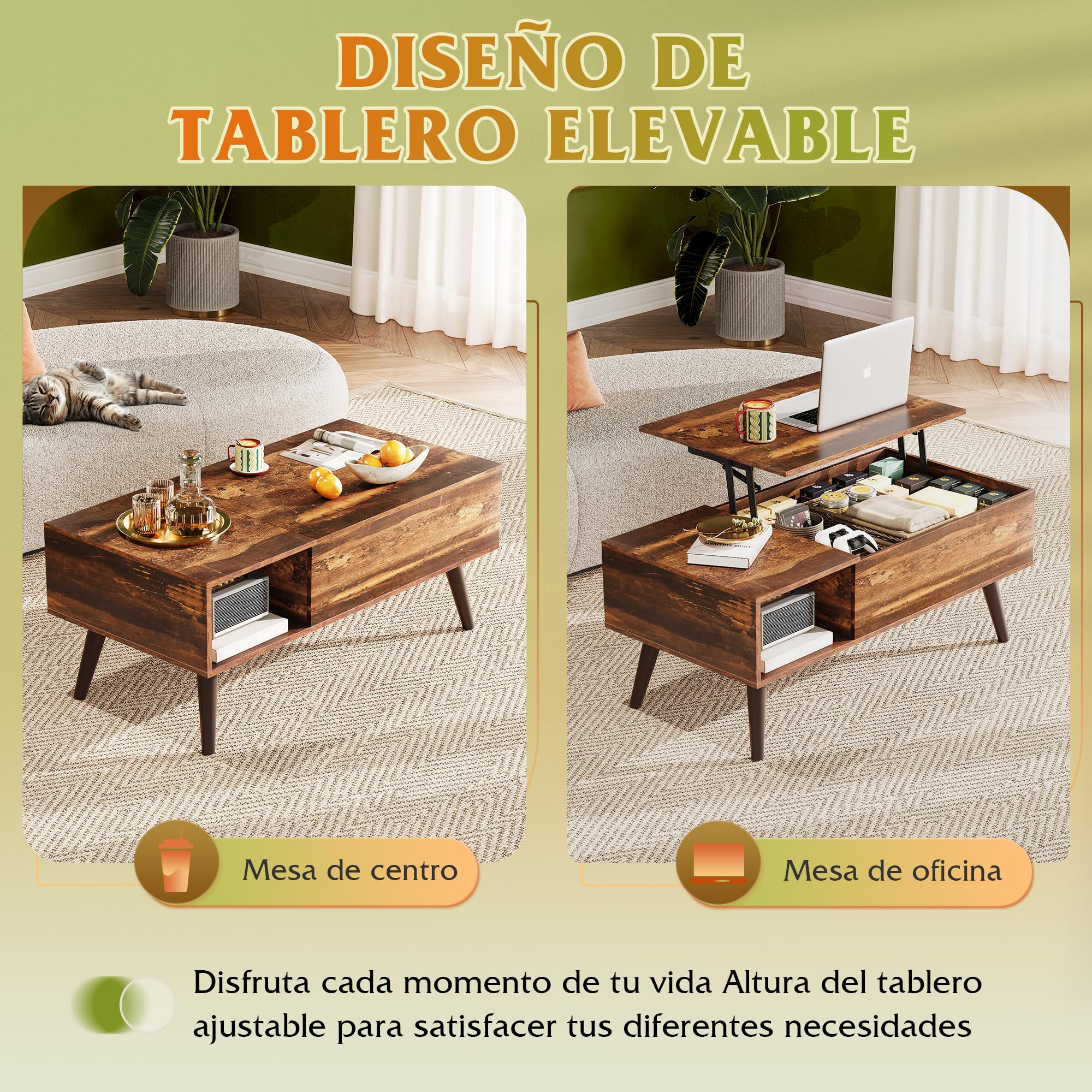 WLIVE Mesa de Centro Elevable y Extensible, Mesa de Salón con Almacenaje Oculto y Estantes Abiertos, Mesa Auxiliar Rectangular, Marrón Rústico