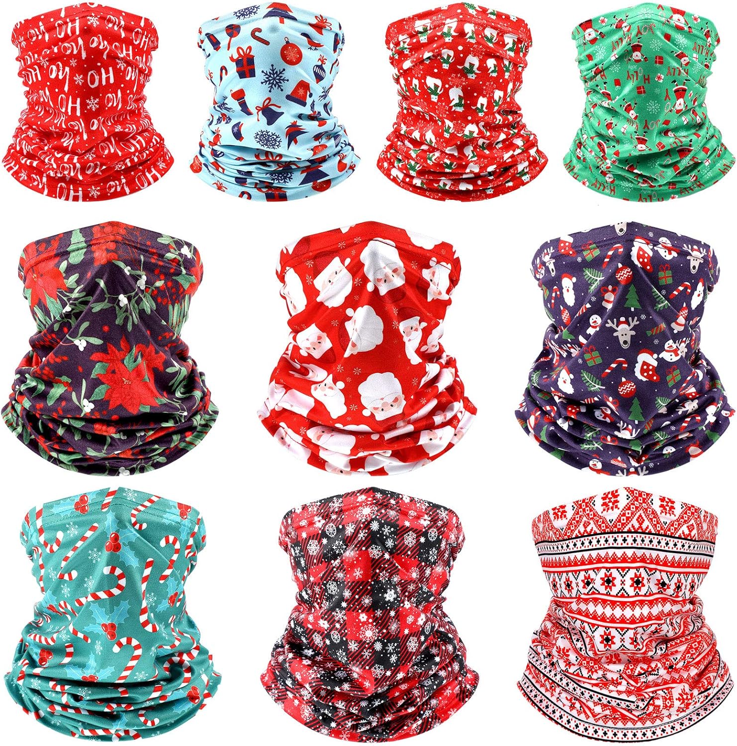 10-6-4 Piece Christmas Neck Gaiter Balaclava Bandana Santa Claus Face Covering Scarf for Adults & Children