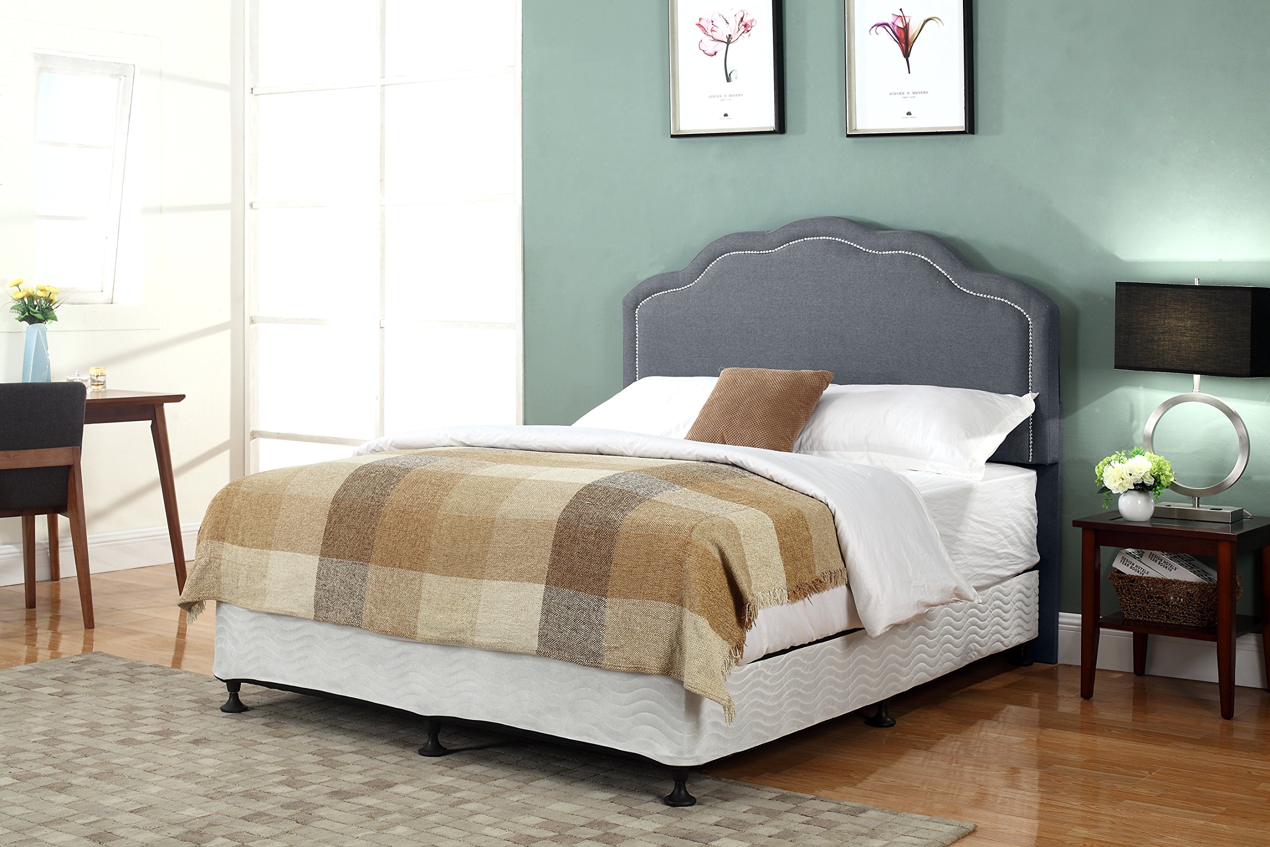 Container Furniture Direct Palmer Collection Modern Linen Fabric Upholstered Bedroom Headboard with Nailhead Trim, Grey