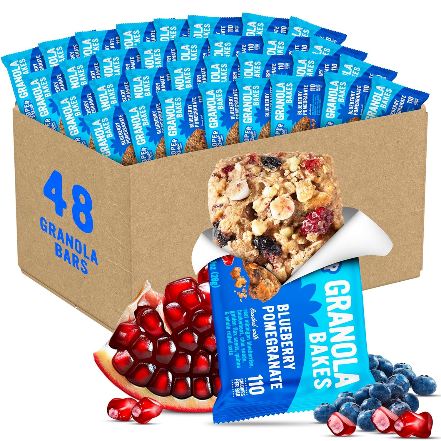 Cooper Street Granola Bakes - Soft Baked Oats, Grain & Seeds Granola Bars in Bulk - Nut & Dairy Free, Low Sodium Healthy Office Breakroom & Vending Machine Snacks - Blueberry Pomegranate - 48 Pack