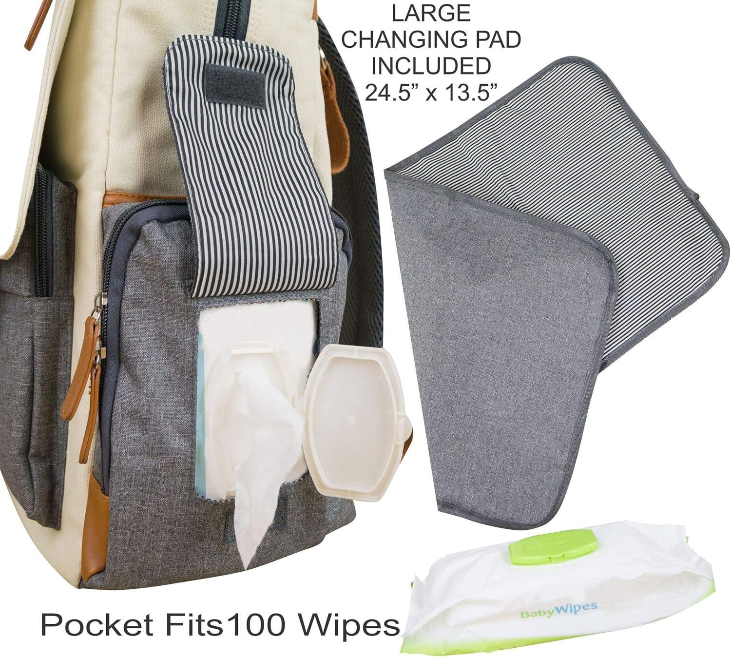 Cutie Carry Diaper Bag Backpack with Baby Pad Insulated Pocket Stroller Straps Wipe Dispenser Padded Shoulder Large Fashion Bags Dad or Mom Grey Cream