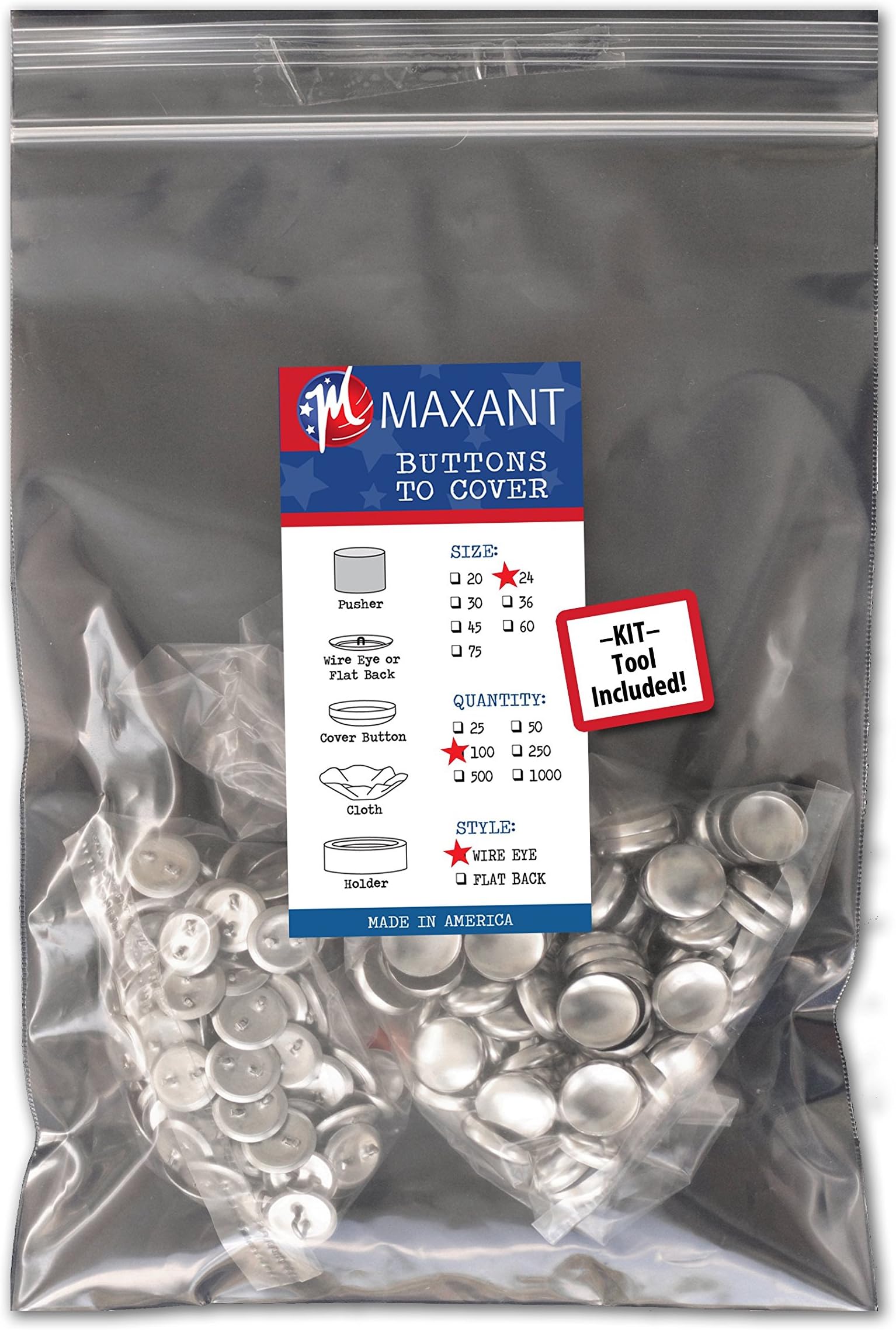 100 Buttons to Cover - Made in USA - Self Cover Buttons with Wire Eyes Size 24 with Tool