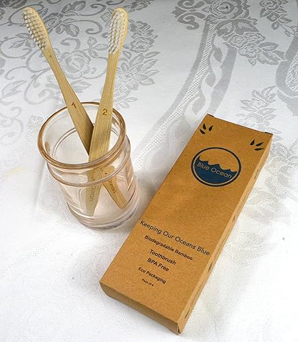Miniatura 3 de Blue Ocean - Cepillo de dientes de bambú natural ecológico, cerdas suaves, paquete de 4