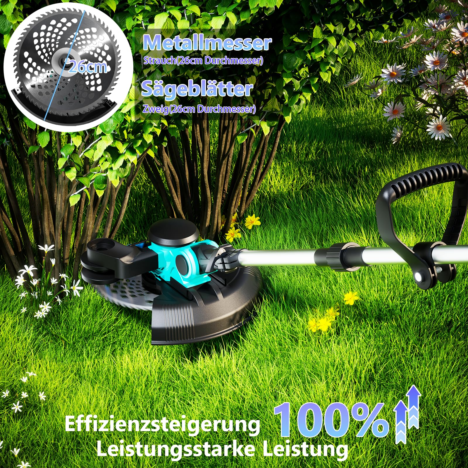 Rasentrimmer 4-in-1-Rasentrimmer, mit Akku 2 x 4000mAh, Ladegerät | 1000W Bürstenloser Motor, 90° drehbarer Trimmerkopf, Flüssigkristallanzeige, Teleskopstiel