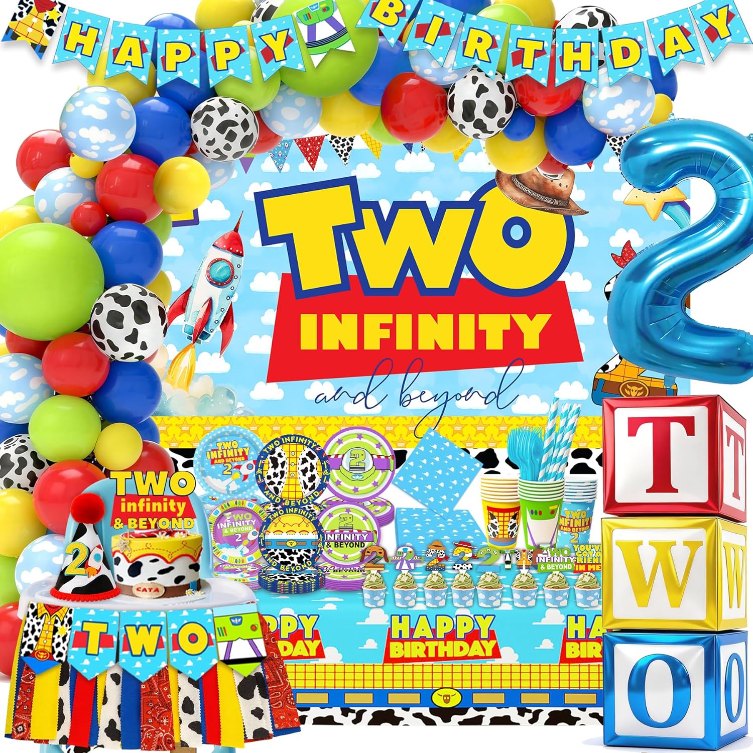 Blue Clouds Cartoon Story 2nd Birthday Decor 2 to infinity and Two Beyond Bday Decorations Party Supplies include Tableware Set Balloon Garland Boxes Highchair Banner Crown Backdrop TableCloth Plates