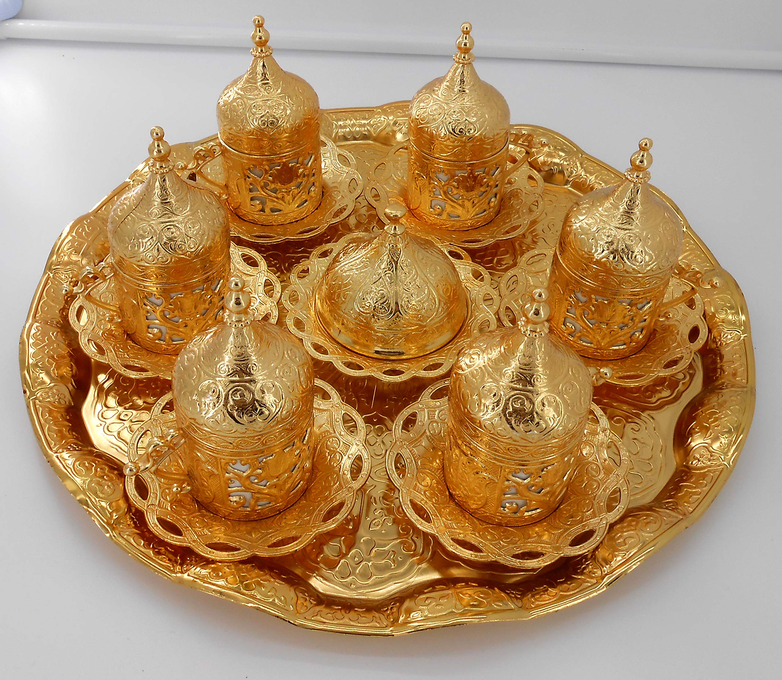 Gold color Set of 6 coffee cups with metal saucer, cup holder, lid & tray/Moroccan drink ware/Home decorative