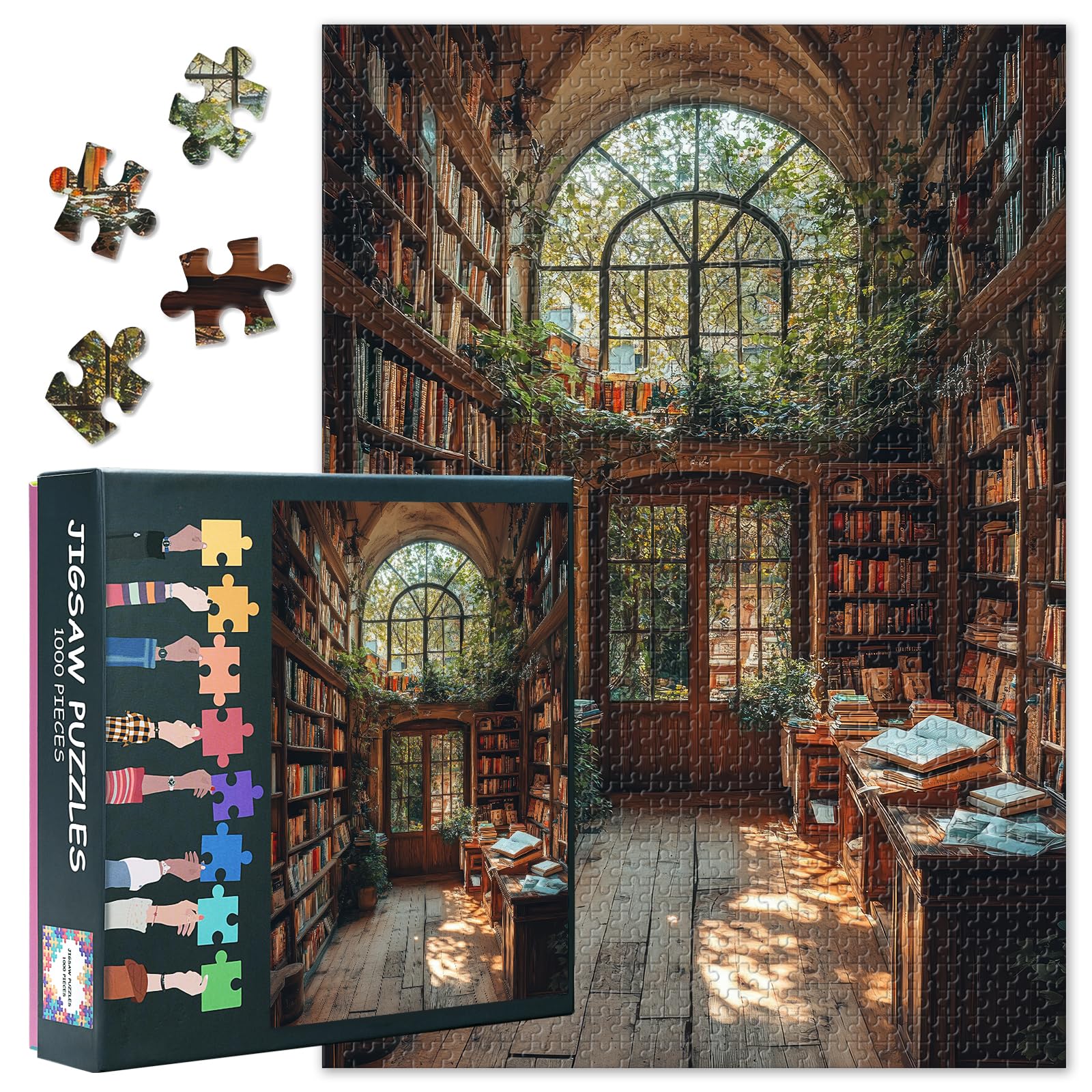 Sunlit Library Bookshelves Jigsaw Puzzles - 50x70cmes Arched Window, Garden View Puzzle,1000 Pieces Challenging Parlour Games for Adults & Families Unique Gifts