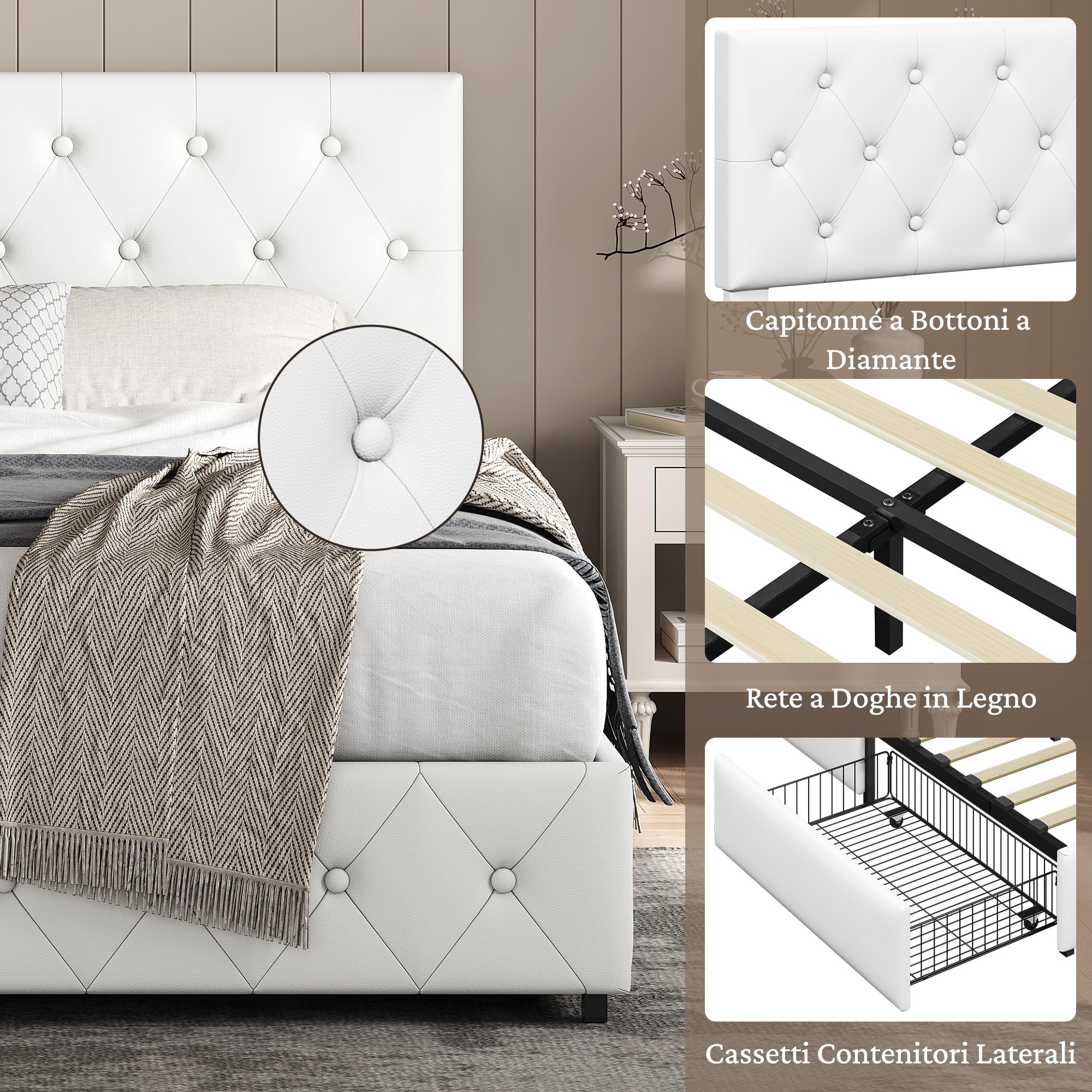 Yaheetech Letto Imbottito Matrimoniale 2 Cassetti (Bianco, 160 x 200 cm) | Letto Contenitore Doghe Legno Testiera Regolabile Camera da Letto Moderno