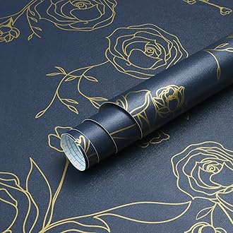 Timeet Self Adhesive Wallpaper Dark Blue Floral Contact Paper 44CM×3M Waterproof Peel and Stick Wallpaper Gold Rose Sticky Back Plastic Removable Vinyl Wrap for Wall Furniture
