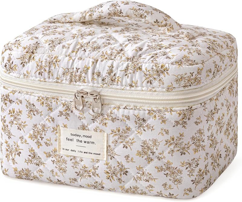 Necessaire de maquiagem grande HBselect em algodão matelassado com zíper, Brown Floral-06