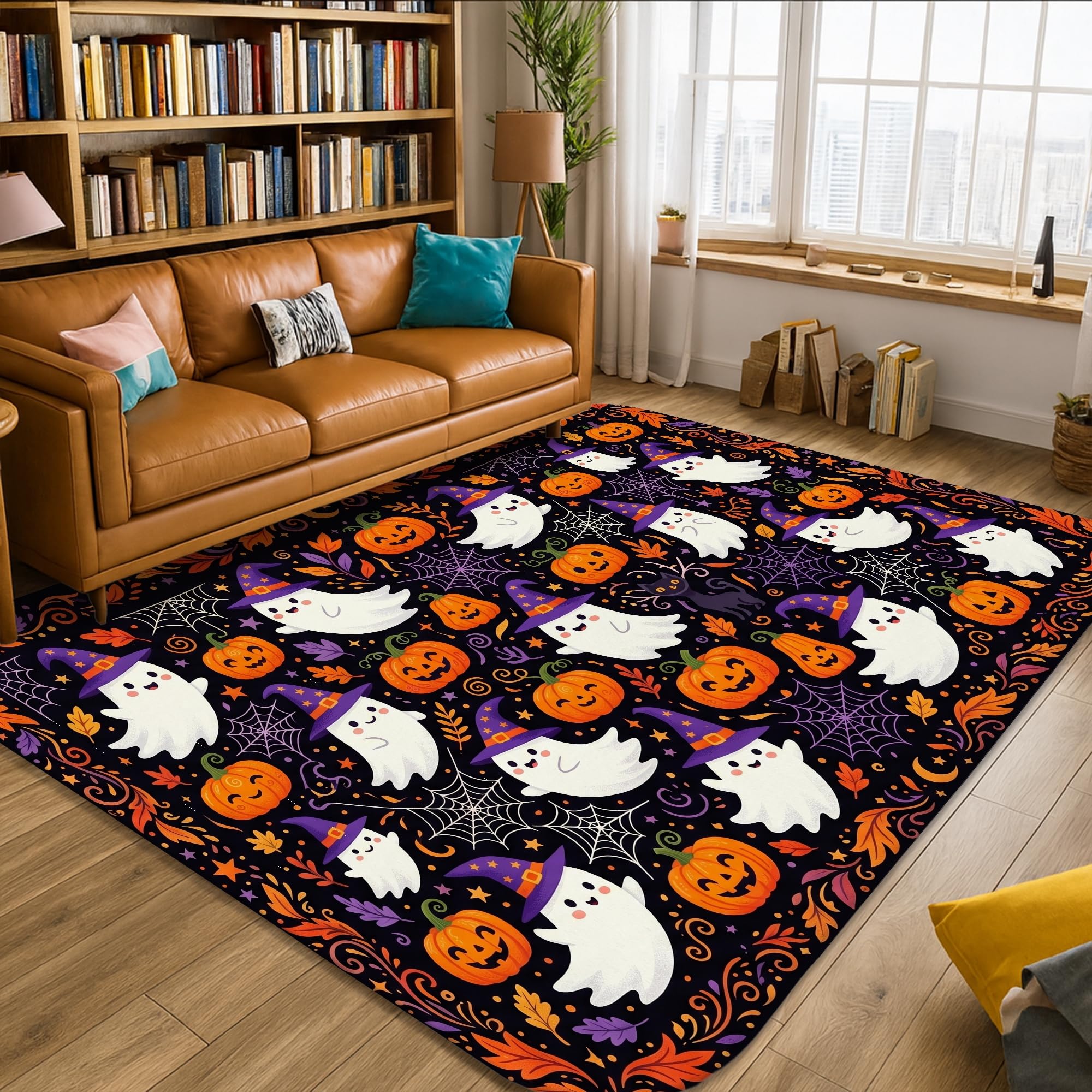 Alfombra de área fantasma calabazas murciélago Halloween naranja rectangular para dormitorio
