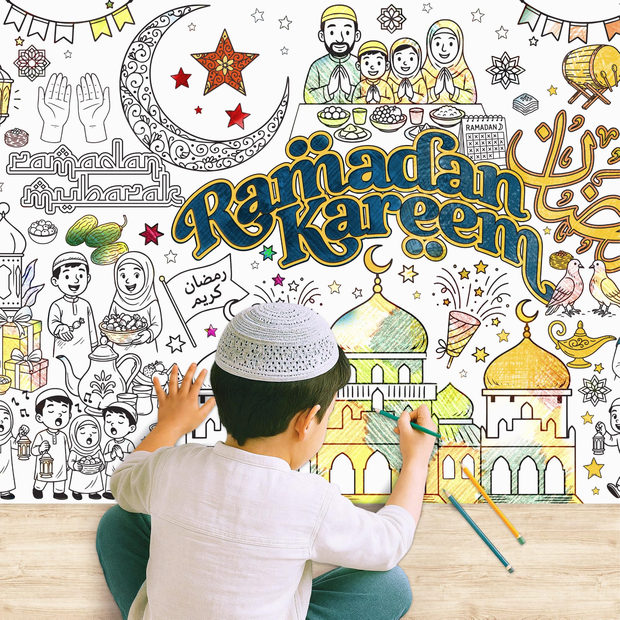 X-Protector Ramadan Giant Coloring Poster 75x30 in - Large Coloring Table Cloth for Kids - Jumbo Paper Tablecloth Poster Sheet - Fun Ramadan