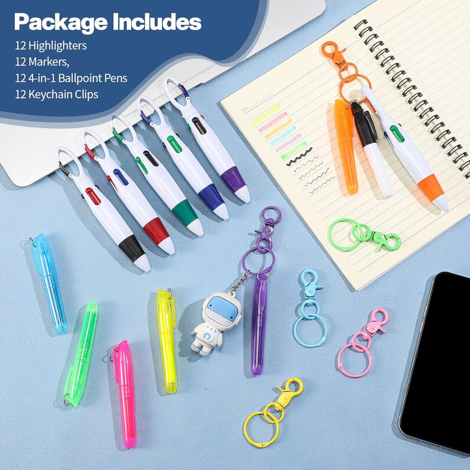 Fainne Mini Highlighter Nurse Pen Set for Badge Include Tip Highlighter Permanent Marker Retractable Ball with Keychain Clip