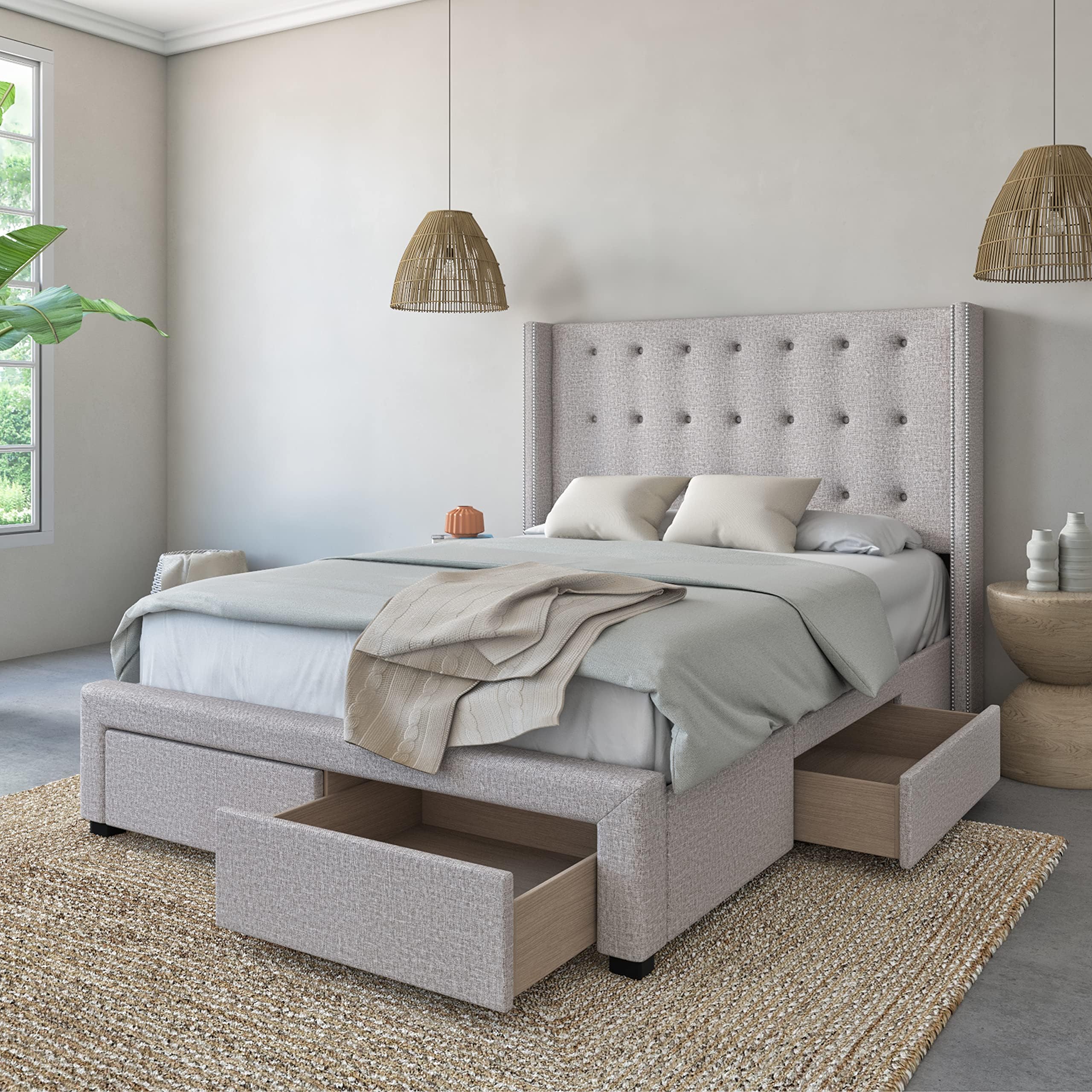 DG Casa Savoy Tufted Upholstered Wingback Panel Storage Bed Frame, King Size in Biege Fabric, Beige