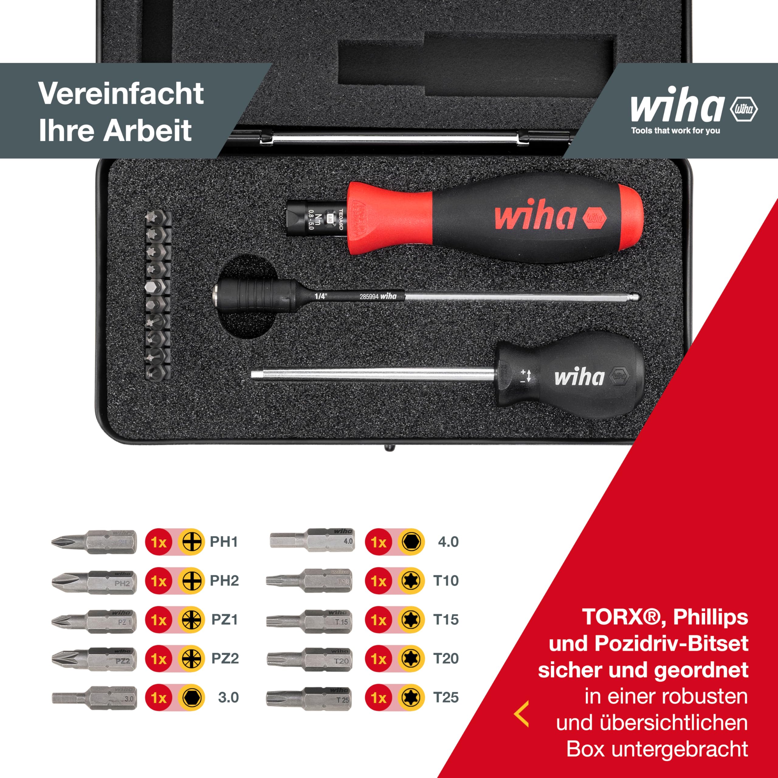 Wiha Drehmoment-Schraubendreher 0,8-5,0 Nm inkl. Box + Bitset TorqueVario®-S, 14-tlg., Pozidriv/ TORX®/ Innensechskant/ Phillips (26893) | (26893) TorqueVario®-S, Pozidriv TORX® Innensechskant Phillips I mit Einstellwerkzeug I Ergonomischer Schraubendrehe