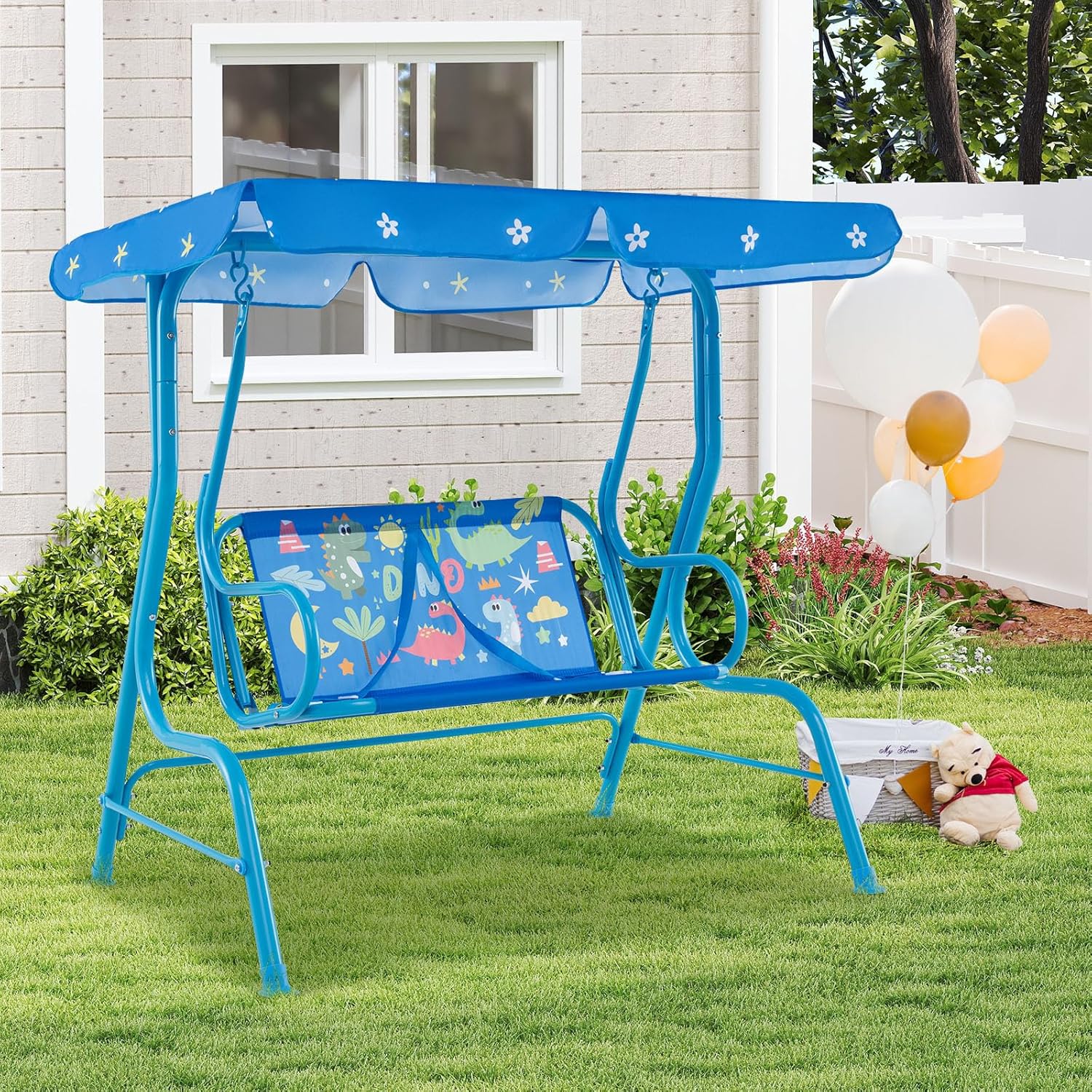 Kids Porch Swing, 2-Seater Outdoor Lounge Chair with Adjustable Canopy & Safety Belts, Metal Stand Hanging Swing Bench, Patio Swing for Backyard, Patio, Lawn, Garden (Blue Dinosaur)