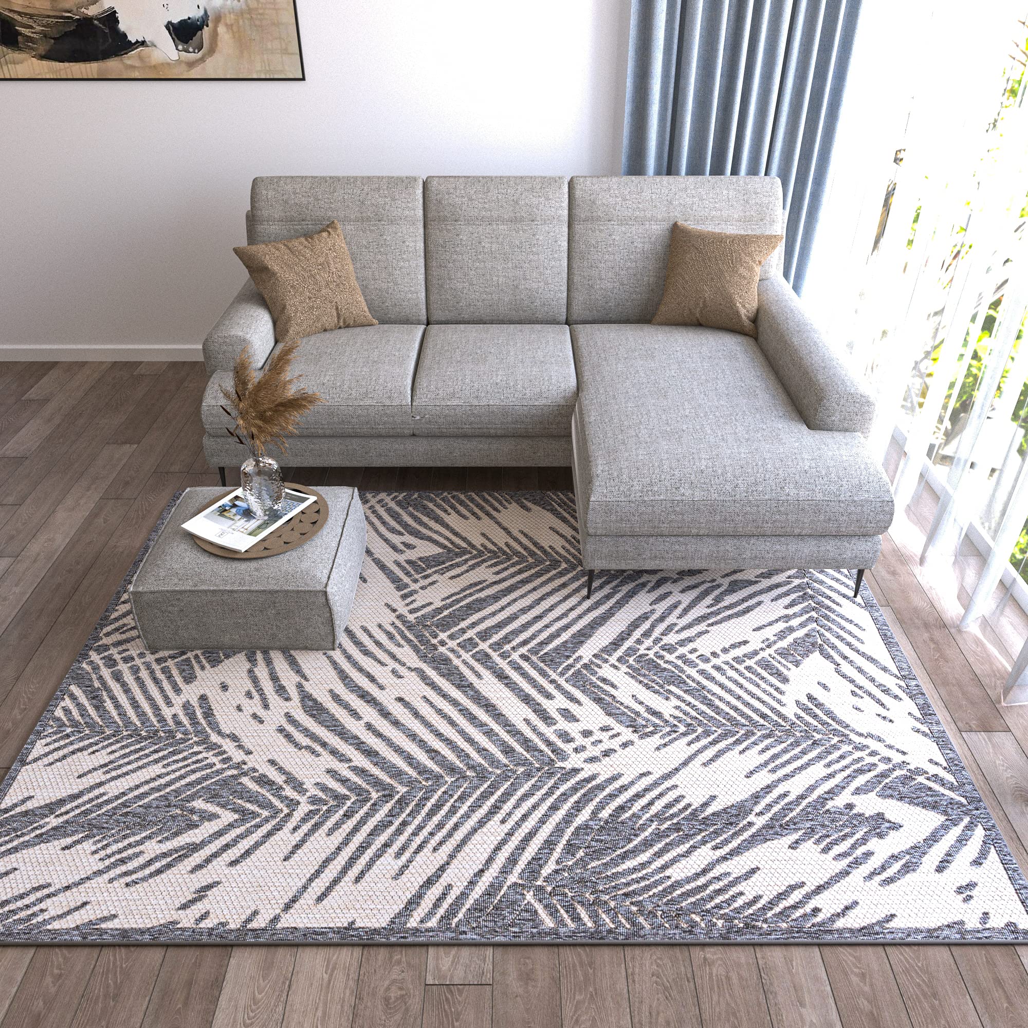 Mazovia Tapis Abstrait Exterieur Terrasse, Balcon Moderne - Grand Tapis Exterieur - Tapis d'Intérieur et d'Extérieu Outdoor - Terrasse Grande Taille Résistant Aux Intempéries - Beige Gris 140 x 200 cm