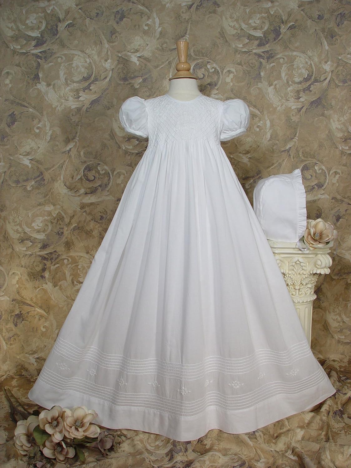 32" Girls Cotton Hand Smocked Christening Gown Baptism Dress with Hand Embroidery