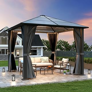 10x10FT Gazebo Hardtop, Outdoor Patio Gazebos with Polycarbonate Roof & ...