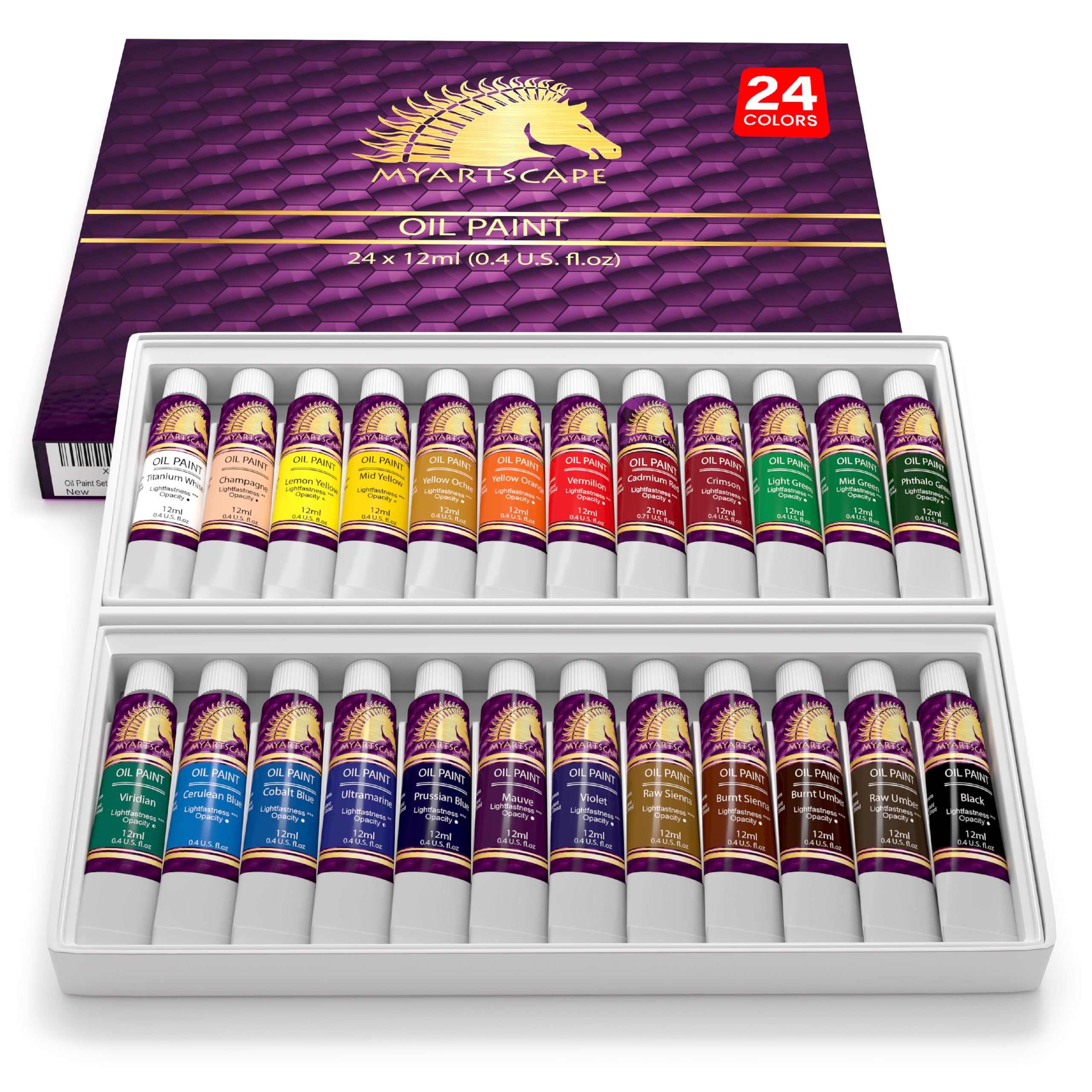 MyArtscape Oil Paint Set - 24 x 21ml Tubes - Artist Quality - Rich Vivid Oil-based Colors - Lightfast - Heavy Body - Great Saturation - Glossy Finish - Professional Painting Supplies