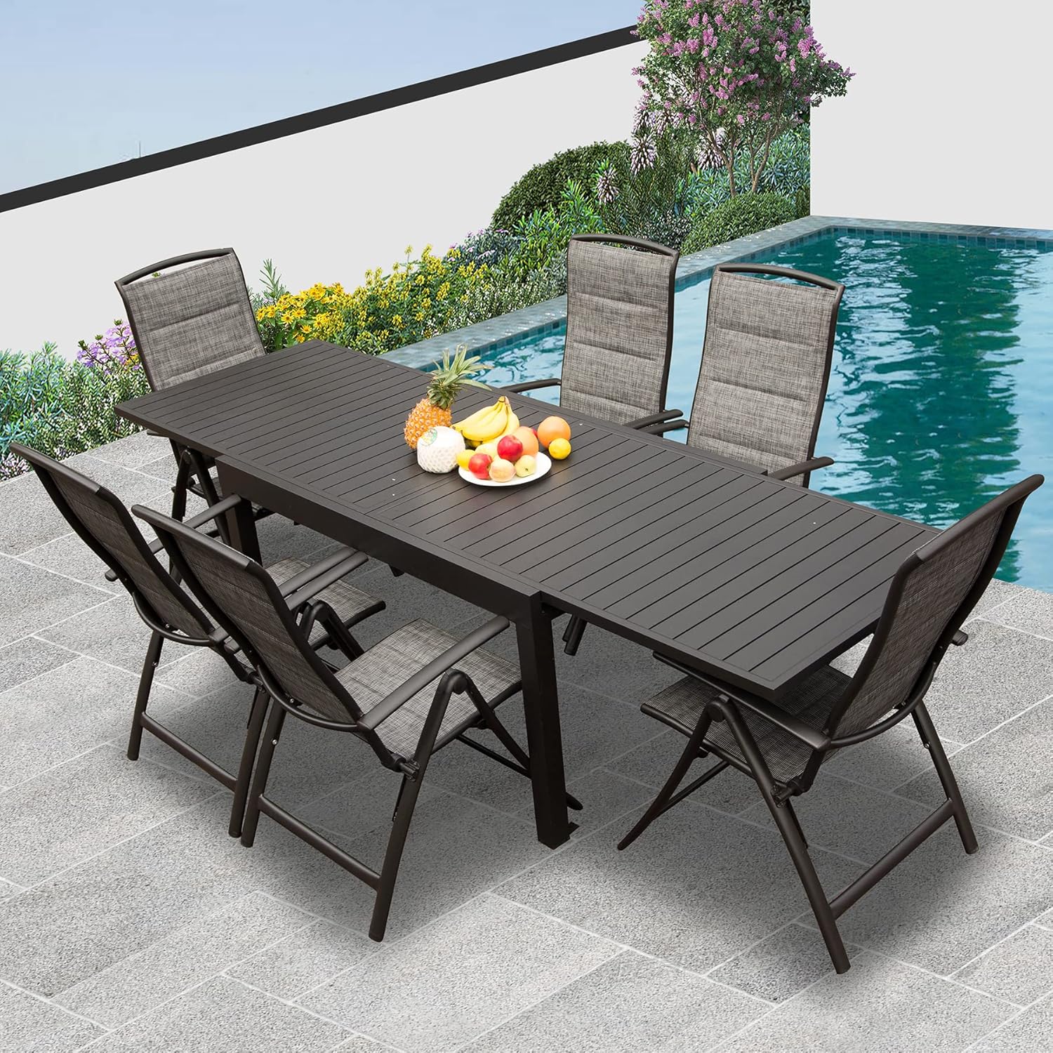 Domi Large Extendable Patio Dining Table, Aluminum Metal Indoor Outdoor 53"- 106" Adjustable for 6-8 Person Rectangular Table for Porch Backyard Balcony Garden (Dark-Brown)