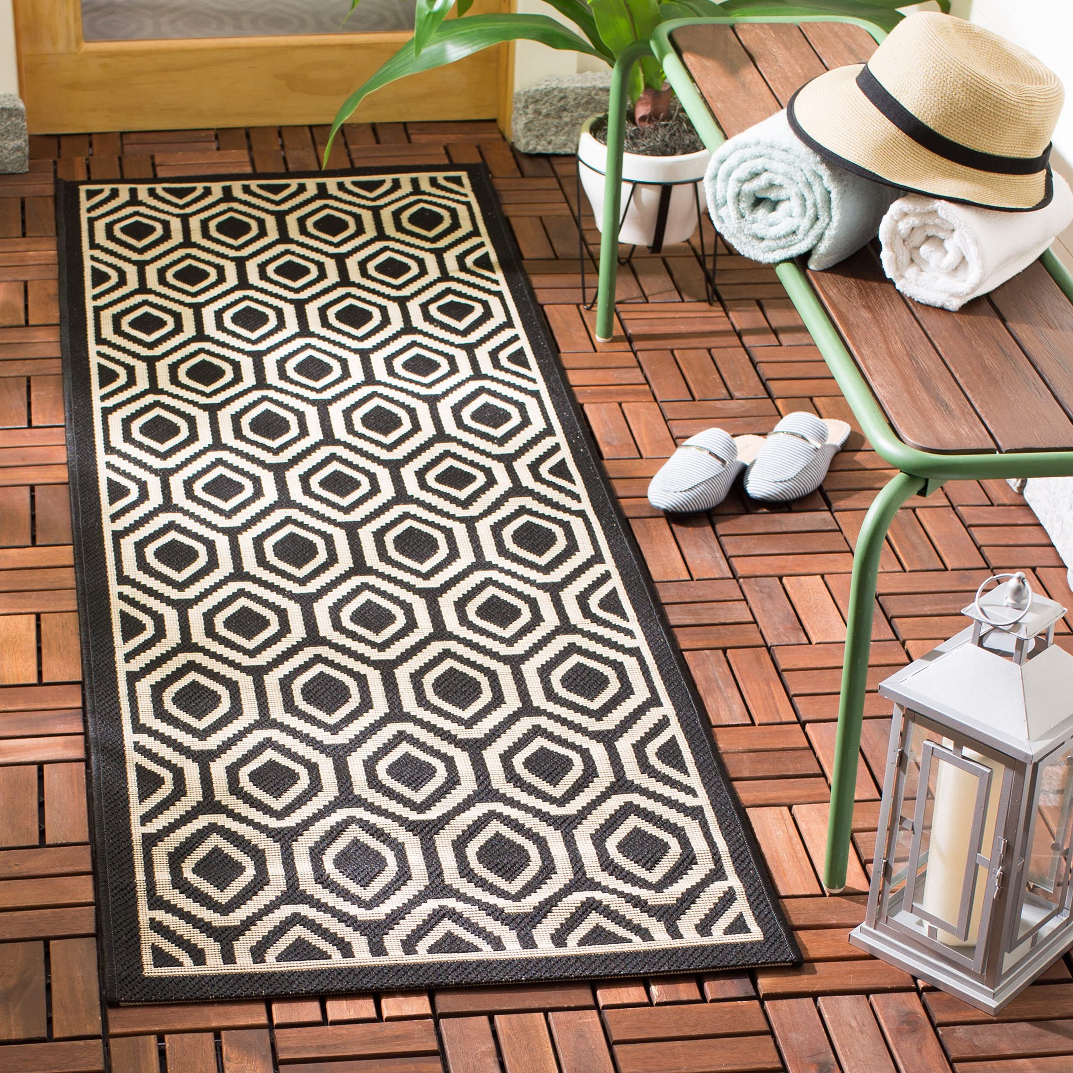 SAFAVIEH Courtyard Collection 2'3" x 12' Black/Beige CY6902 Indoor/ Outdoor Waterproof Easy Cleaning Patio Backyard Mudroom Runner Rug