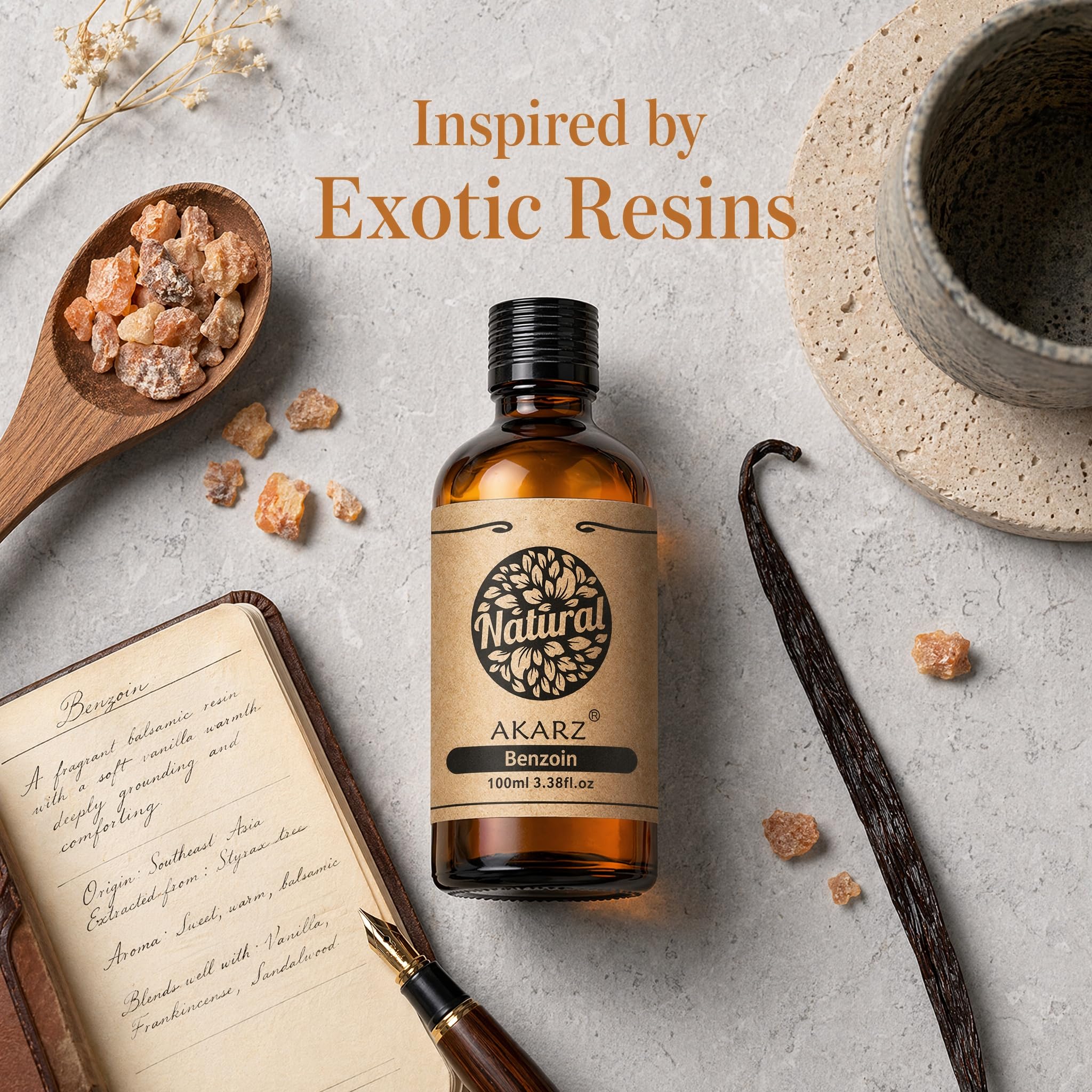AKARZ 100ml Olejek esencjny z Benzoiny - Naturalny olejek aromatyczny do dyfuzorów, lamp aromatycznych i aromatów pomieszczeń