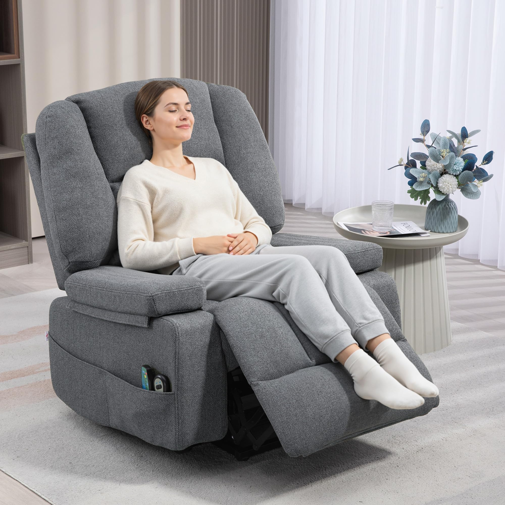 HOMCOM Poltrona Elettrica Alzapersona Reclinabile con 8 Punti Massaggio, Poltrona Relax Elettrica con Braccioli Ripiegabili, Poggiapiedi Riscaldato, Tessuto Effetto Lino, Grigio