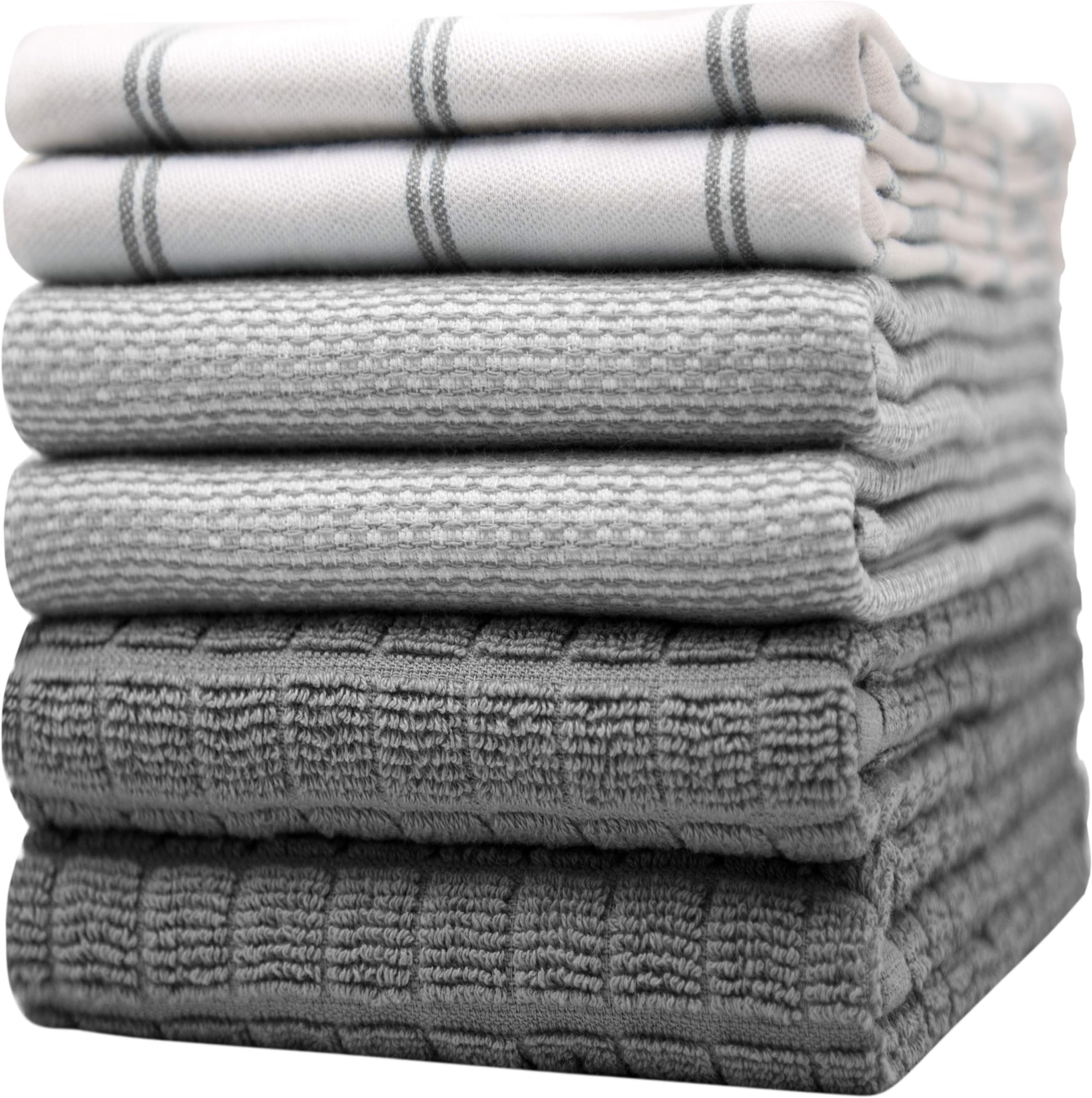 Premium Kitchen Towels (20”x 28”, 6 Pack) | Large Cotton Dish Towels | Flat & Terry Highly Absorbent Kitchen Linen Set with Hanging Loop | Grey Check