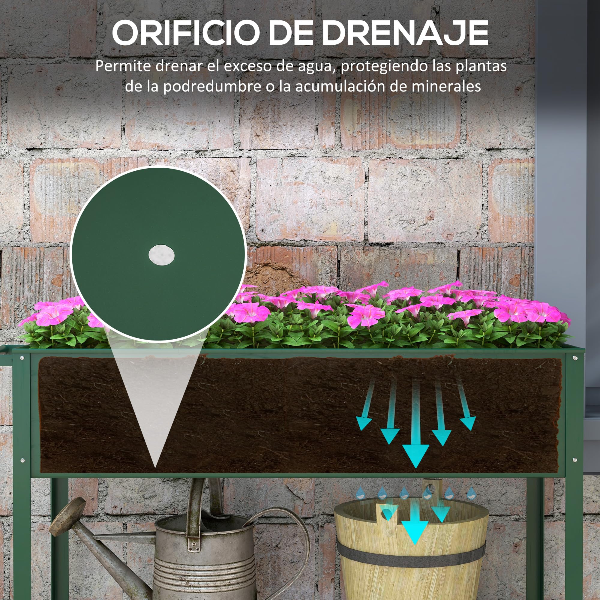 Outsunny Mesa de Cultivo 109x44x80 cm Huerto Urbano Elevado con 2 Ruedas Estante y Asa para Cultivo Plantas Flores Verduras Verde