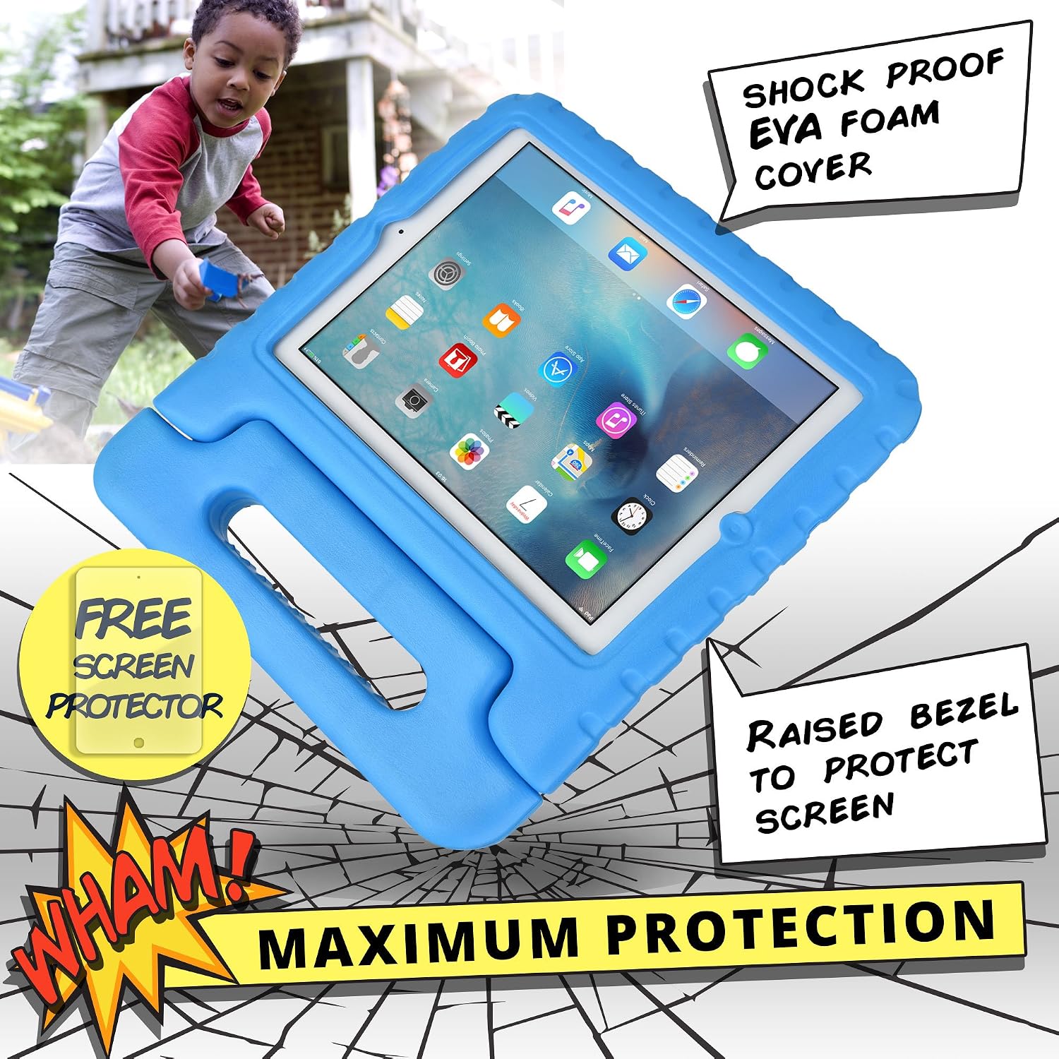 Cooper Dynamo [Rugged Kids Case] Protective Case for iPad 4, iPad 3, iPad 2 | Protective Child Proof Cover, Stand, Handle, Screen Protector (Blue)