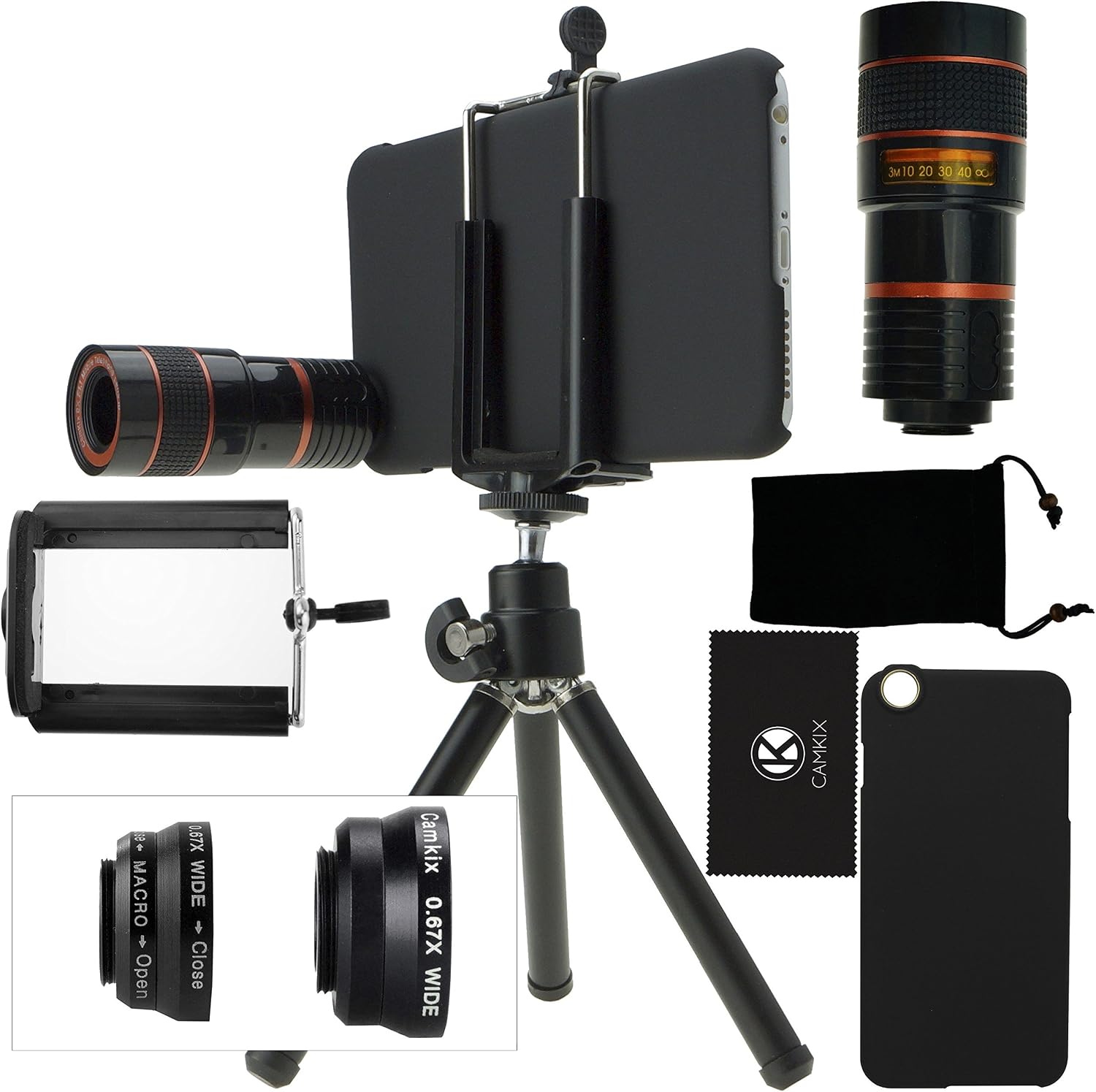 Camera Lens Kit Compatible with Apple iPhone 6 Plus / 6S Plus (NOT for iPhone 6) Including an 8X Telephoto Lens/Fisheye Lens / 2in1 Macro and Wide Angle Lens/Tripod/Holder/Case/Bag/Cloth